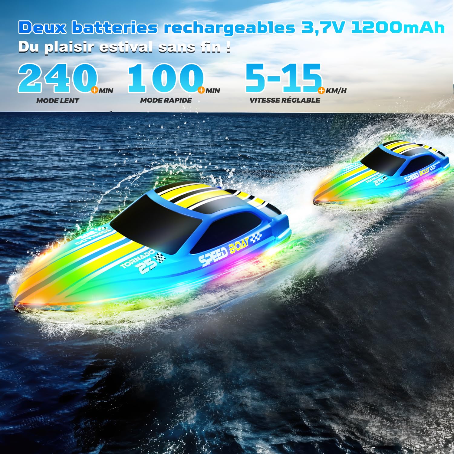 Bateau Télécommandé 2.4GHz RC Boat 7 LED, Vitesse Max 15km/h | double batterie 240min, anti-retournement, portée 80m, Pour piscine et lacs (pas eau salée), Cadeau pour enfants