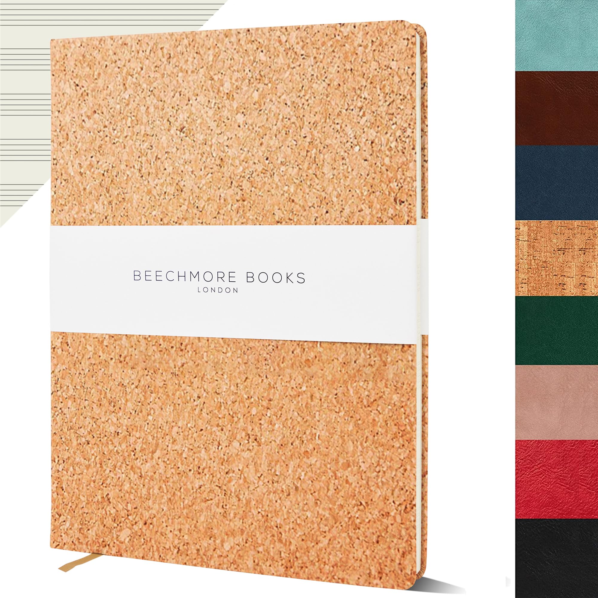 BEECHMORE BOOKS Blank Sheet Music Notebook – A4 8.5x11.5 for Songwriters, Musicians & Composers, 156 Thick 120gsm Pages, 10-Staff Perforated Sheets, Vegan Leather Hardcover, Elastic Closure, Gift Box