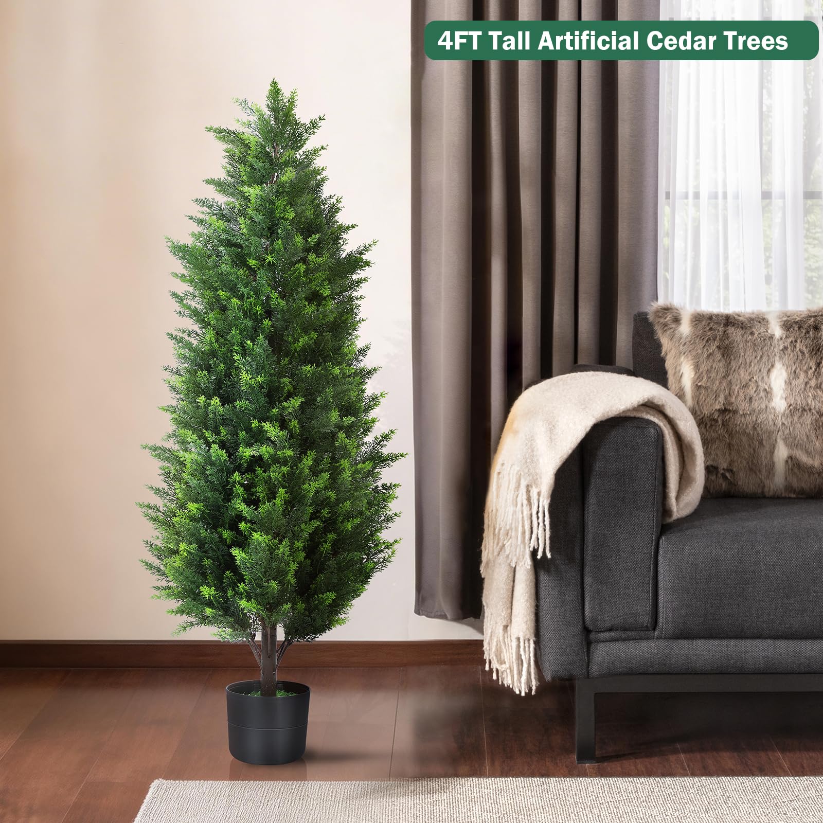 Lot de 2 arbres topiaires artificiels en cèdre de 1,2 m de haut, plantes artificielles en pot résistantes aux UV, faux arbustes pour extérieur, intérieur, maison, entrée, porche, jardin, terrasse