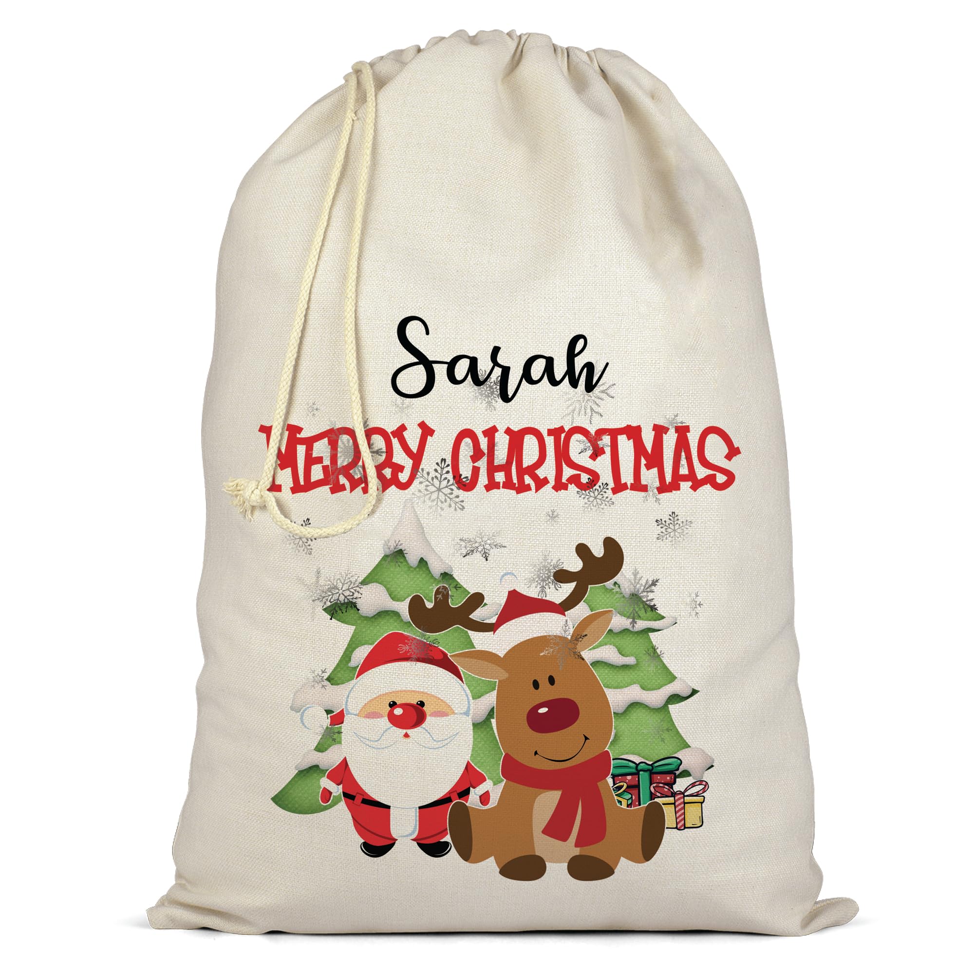 AIGAT Individual Custom Personalised Santa Any Name/Text Natural Cotton Bag Sack Extra Large XL with Strong Drawstring for Xmas Holiday Presents - Reindeer & Santa