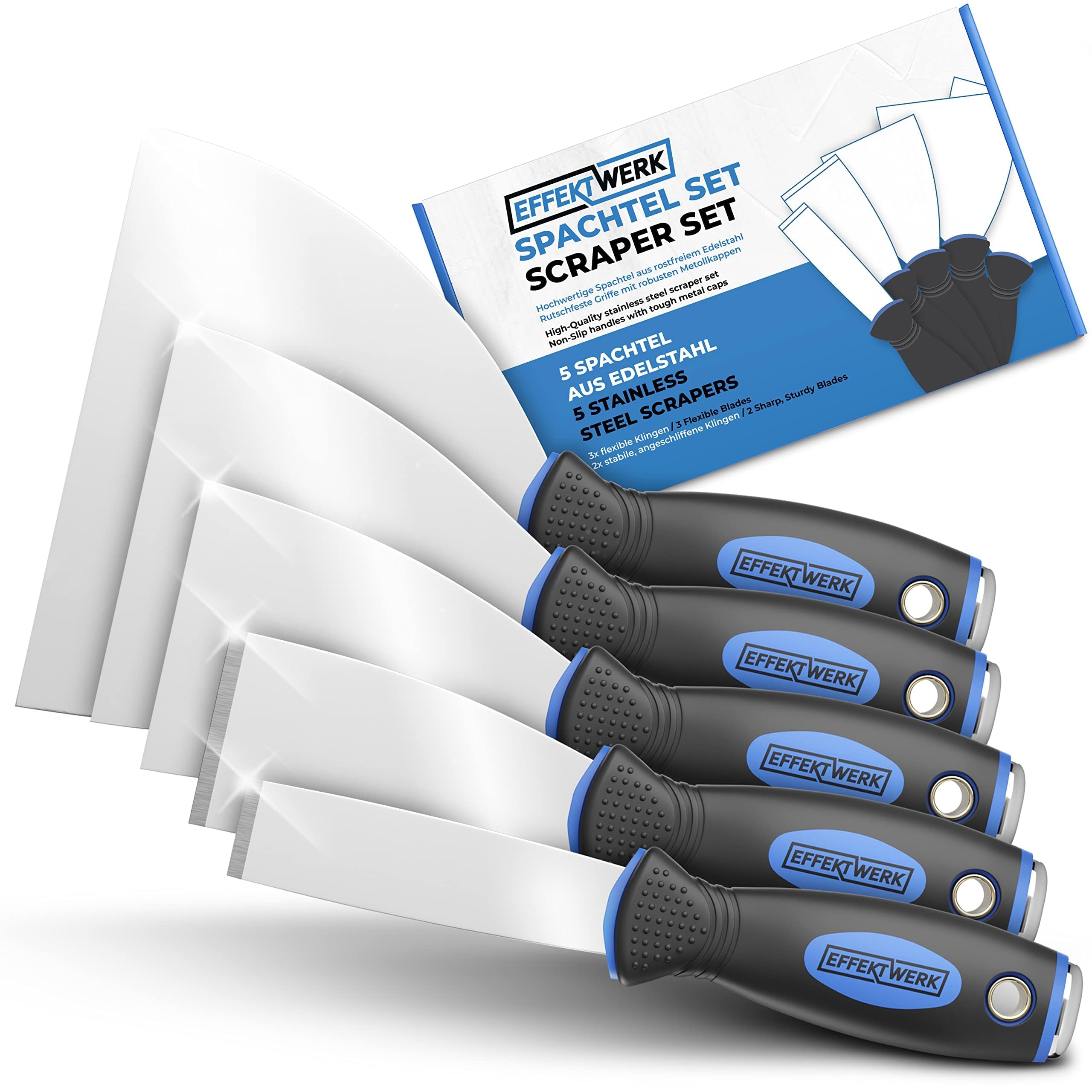 EFFEKTWERK Profi Spachtel Set - 5tlg Spachtel aus rostfreiem Edelstahl - 2x stabil zum Tapeten entfernen mit Anschliff & Metallplatte - 3x flexible Malerspachtel - Maler Werkzeug Spachtelset