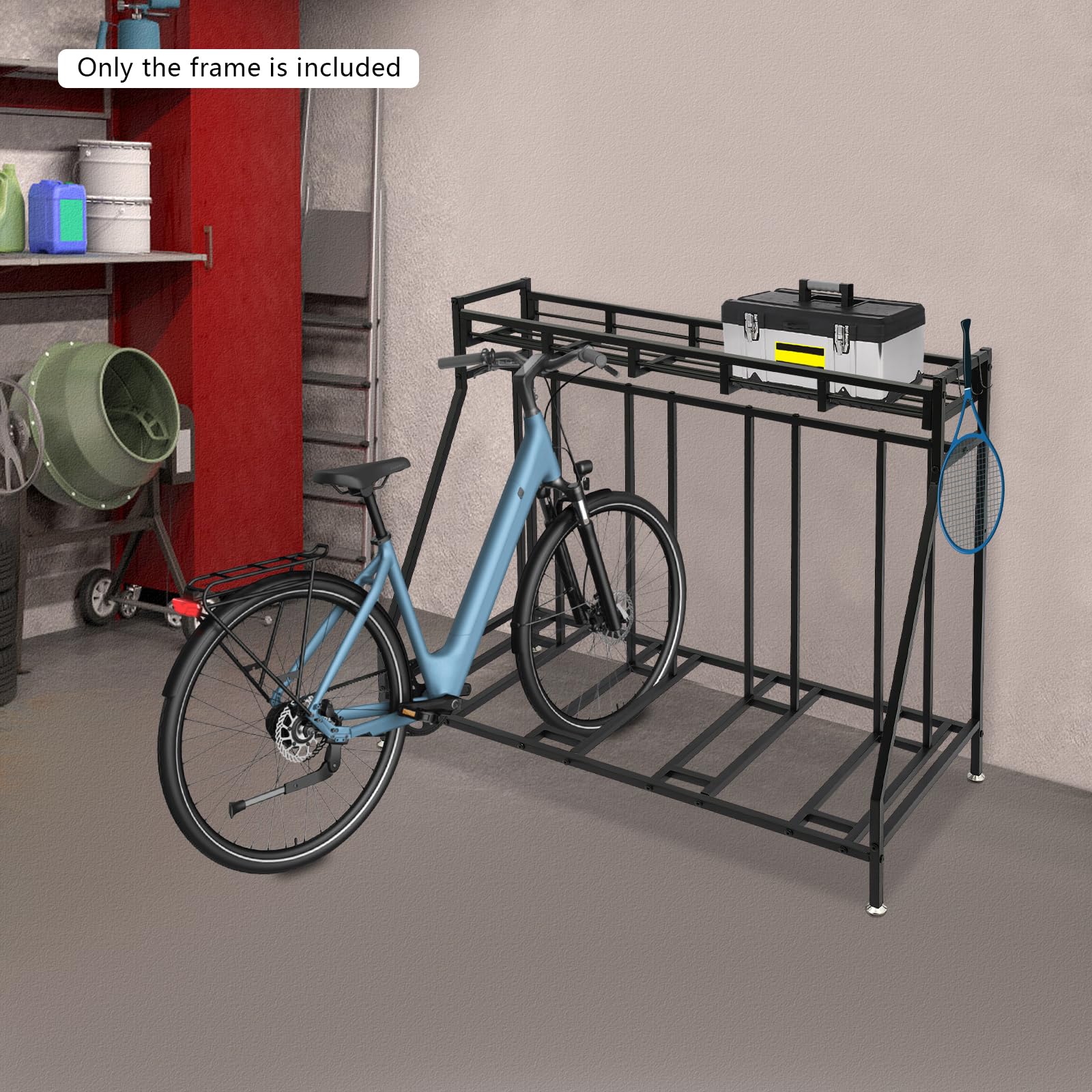 Fahrradständer Boden für 4 Fahrräder, mit Aufbewahrungskorb und 4 Haken, stabiler Metallrahmen, rostfrei und langlebig, platzsparendes Design, 100 kg Tragkraft, für Garage, Keller und Garten