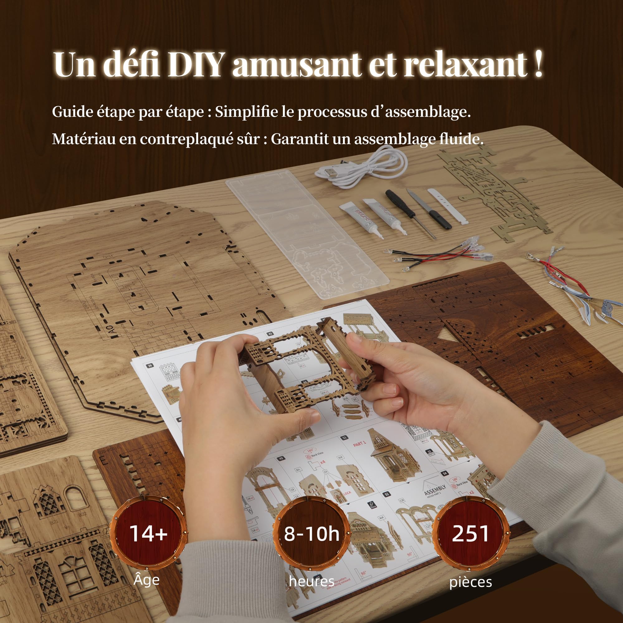 FUNPOLA LED Puzzle 3D en Bois – Modèle de Cottage Champêtre Kit de Construction Miniature DIY avec Lumières LED – Maquette Architecturale Rurale 3D pour Déco Maison – Puzzle 3D pour Adultes