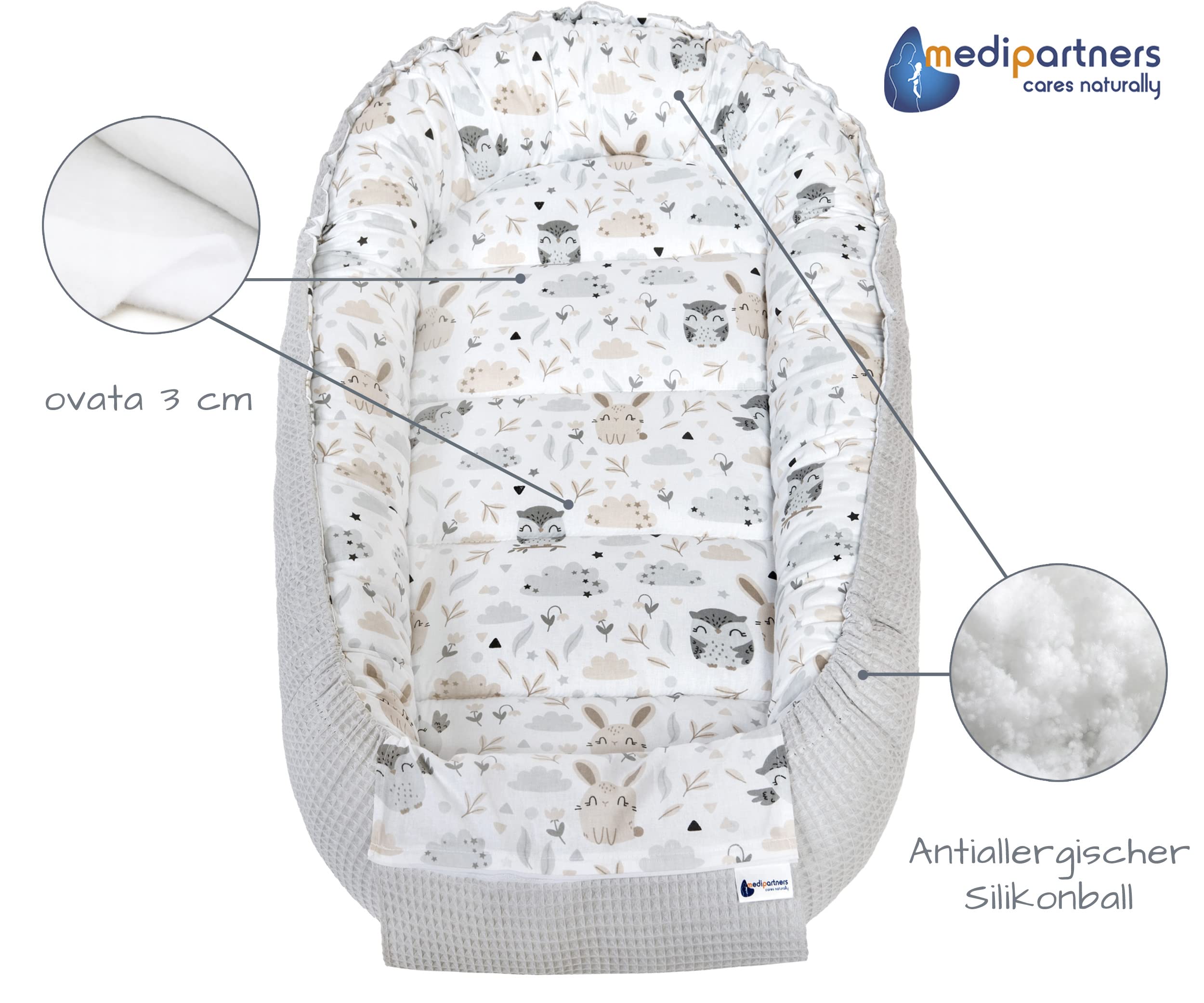 Medi Partners Babynest Nestchen für Neugeborene - 100x60x15 Babynestchen Baby zweiseitg Nest Bett 100% Baumwolle Waffel Kuschelnest tragbar (Lichtung mit Grauer Waffel)