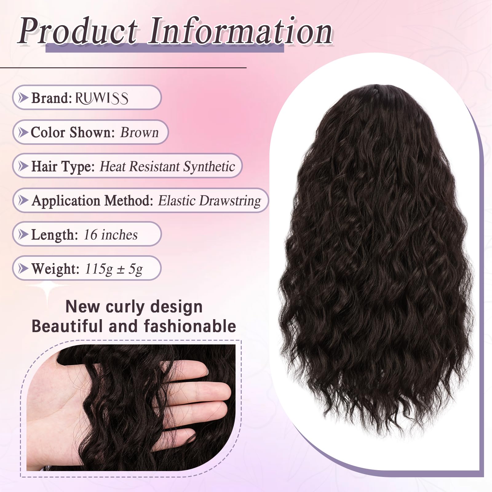 RUWISS Curly Drawstring Ponytail Extension for Black Women,16 inch Dark Brown Afro Kinky Ponytail Synthetic Hairpiece for Daily Party Use - Image 2
