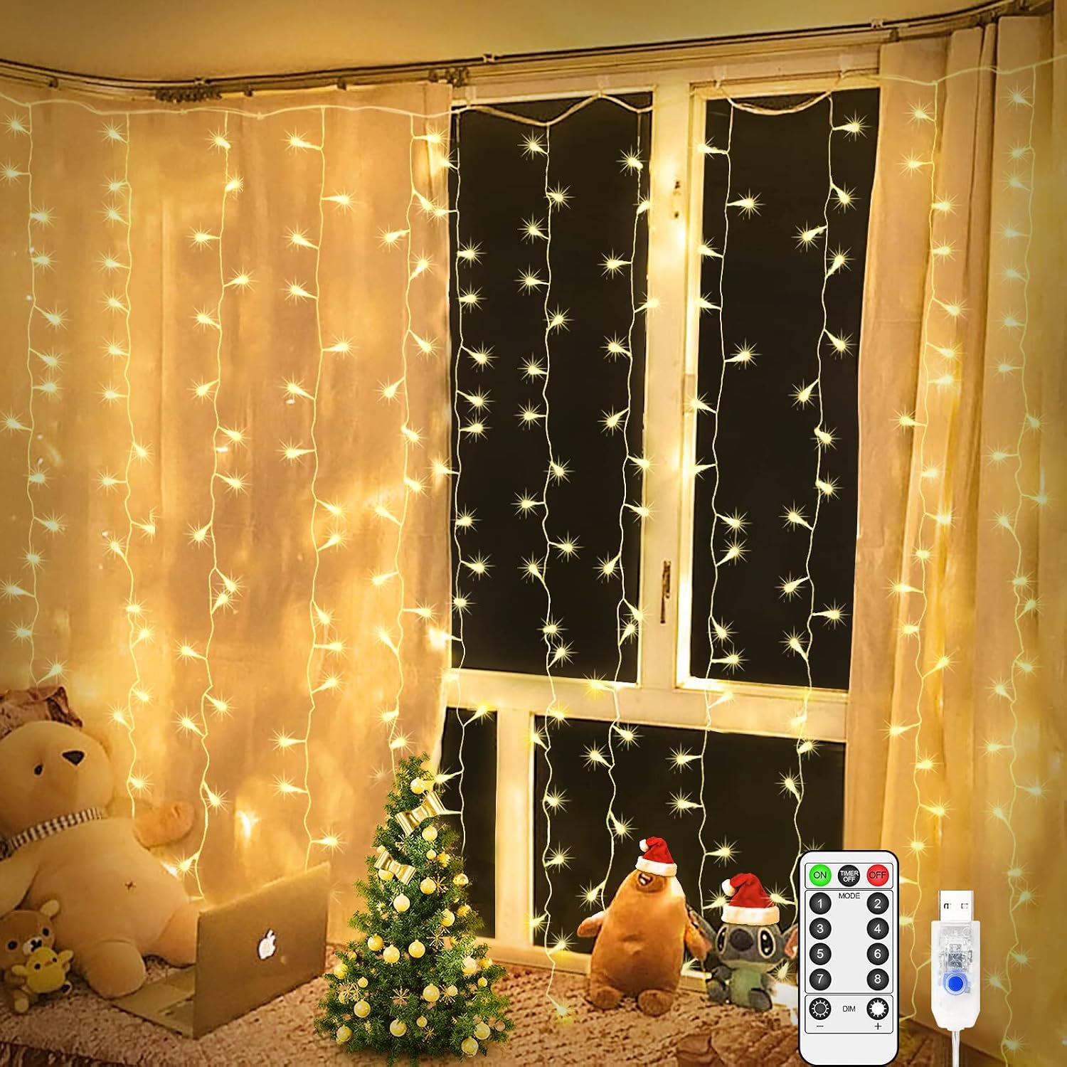 Curtain Lights Indoor Outdoor 200 LED 2m x 2m Fairy Lights USB Powered Christmas Window Lights with Remote 8 Modes Timer for Bedroom Outside Garden Patio Gazebo Party Wedding Decorations-Warm White