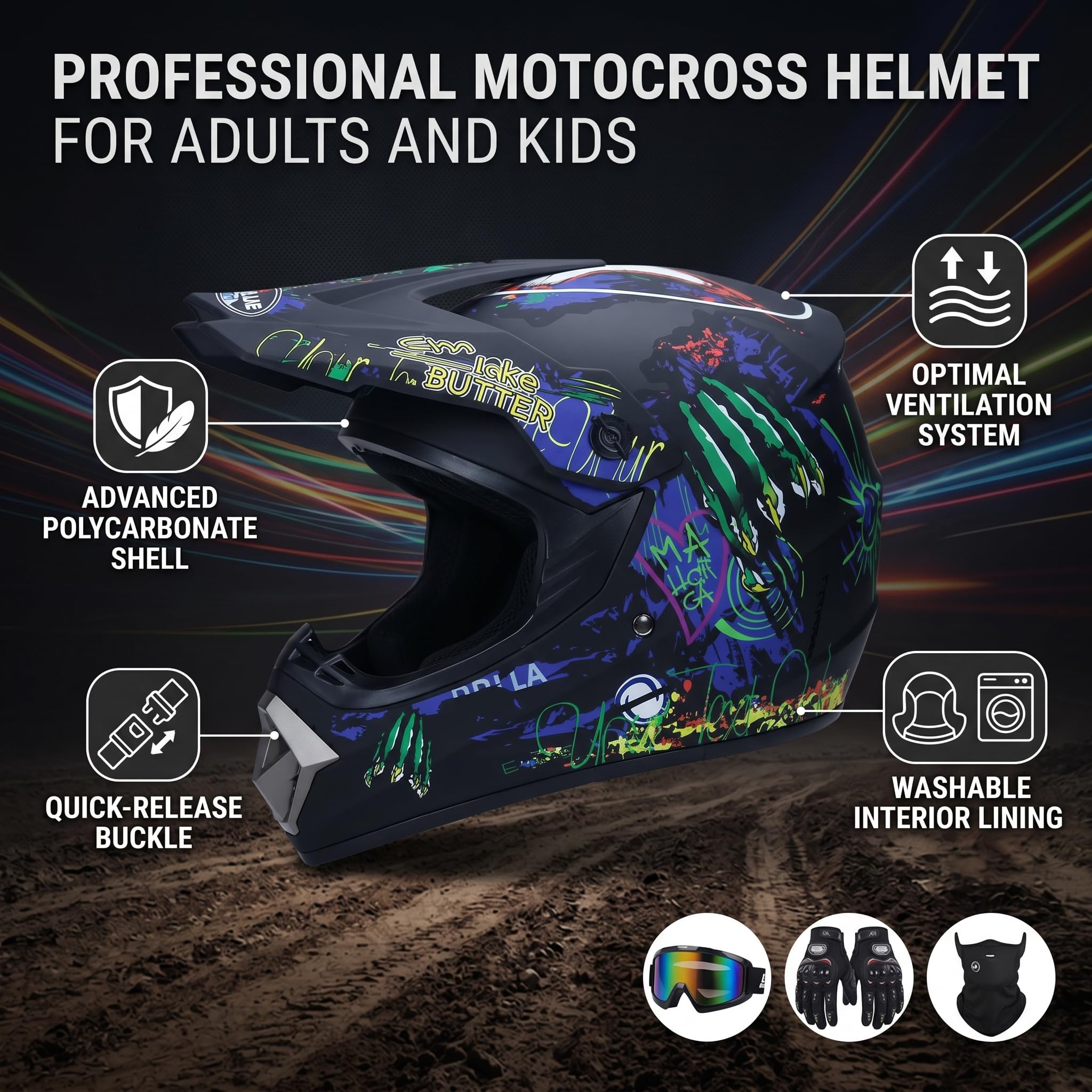 Casco profesional de motocross, 4 unidades, juego de guantes de seguridad para moto Dirt Bike Off Road para adultos y niños Mountain Road Cycling