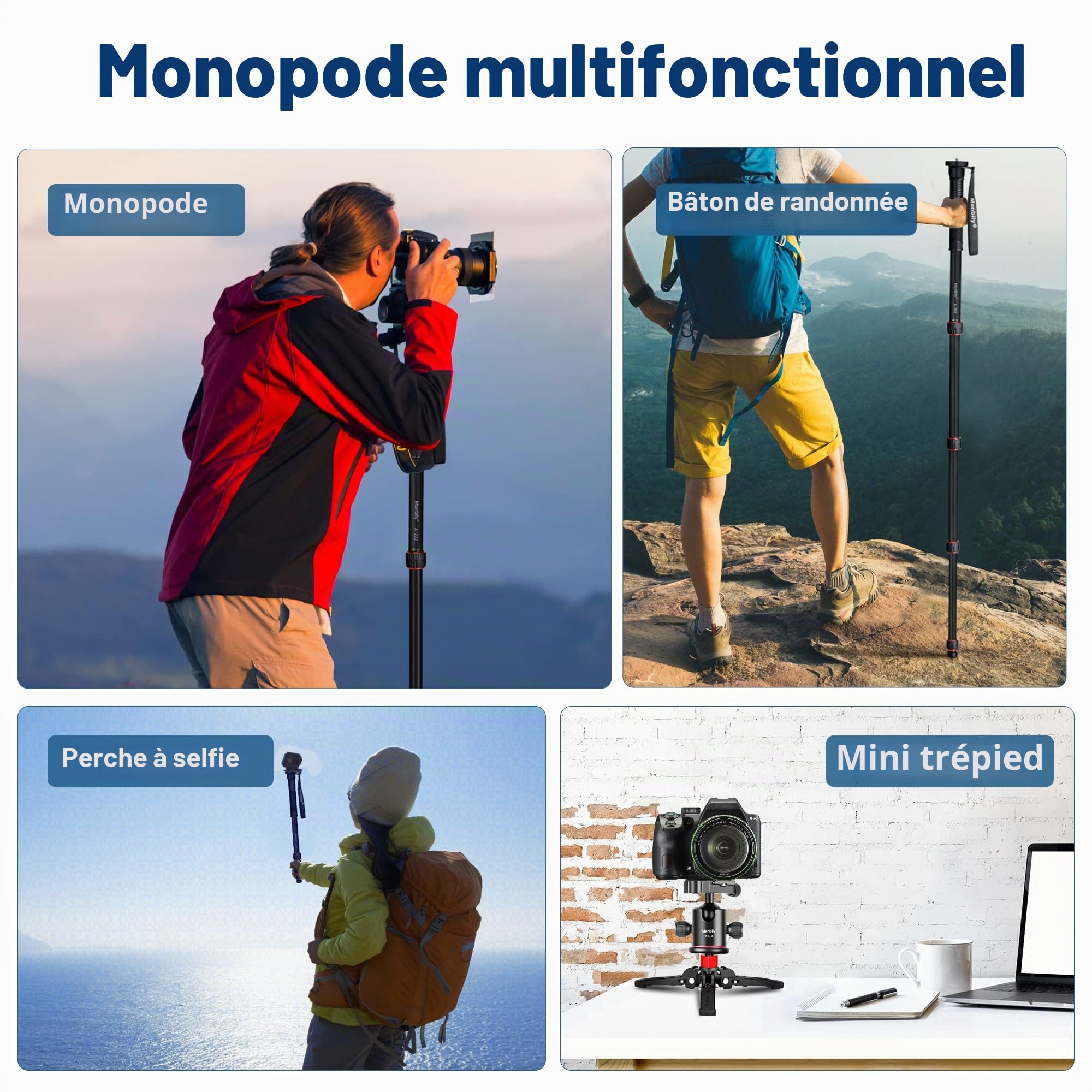 Manbily Monopode Caméra Extensible Aluminium 170cm Trépied de Voyage Portable Amovible pour Appareil Photo Reflex DSLR Canon Sony Nikon 5 Sections 15,5lbs