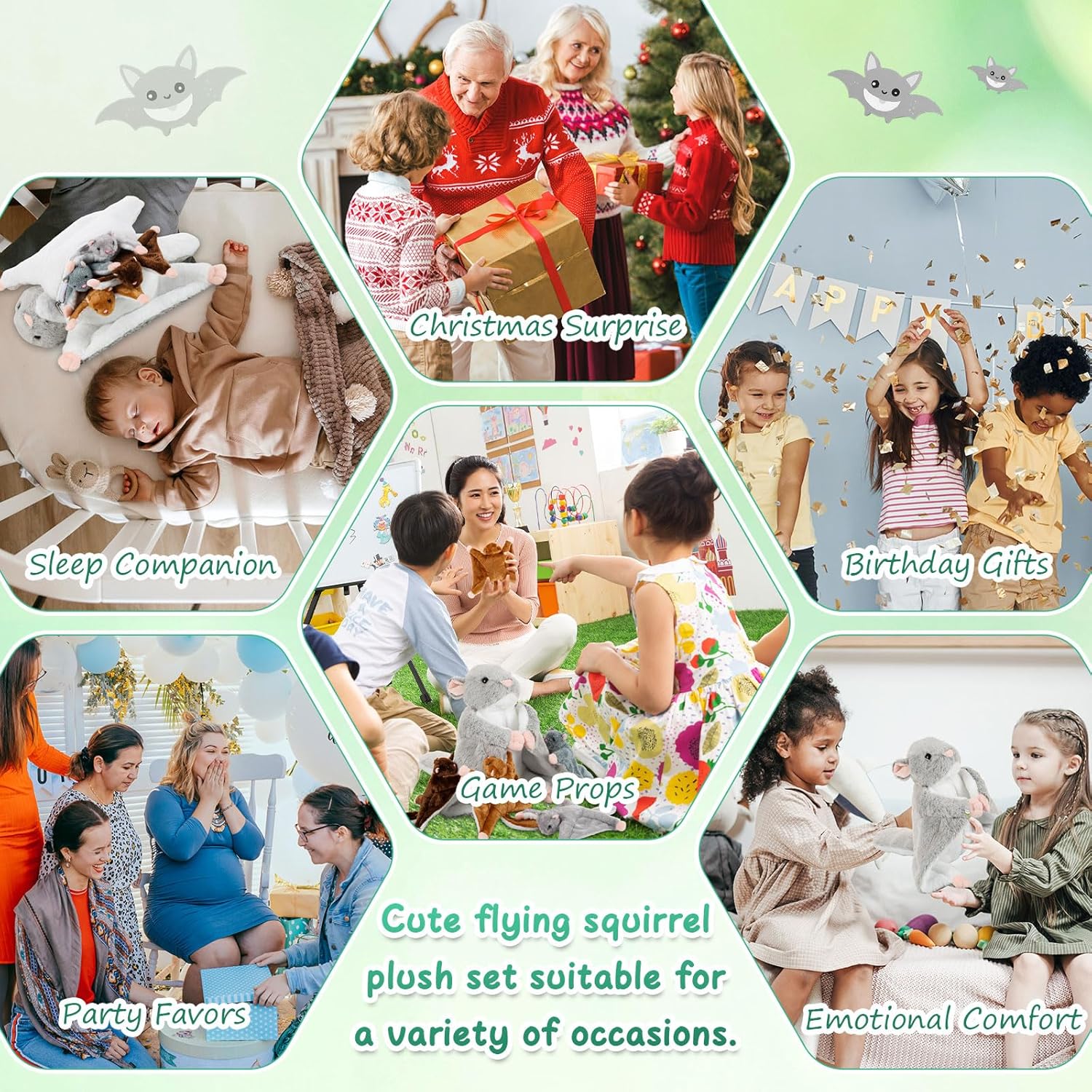 Civaner 5 Pcs Flying Stuffed Squirrel Animals Set 13 Inch Mommy Stuffed Flying Plush Squirrel Toy with 4 Babies Soft Fluffy Plushies Dolls for Christmas Valentines Easter Birthday Gifts