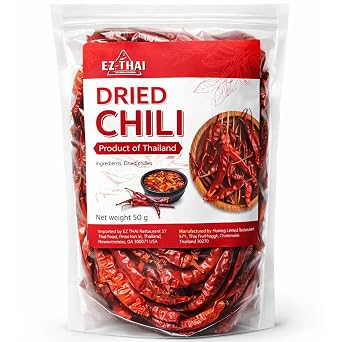 EZ Thai Premium Dried Chili Peppers 1.76 Oz - Whole Chilli Pods, Seasoning For Authentic Tom Yum Soup, Curry Paste, Nam Jim Jaew Sauce, Pad Krapow, Larb & Thai Cooking, Thai Papaya Salad Somtum