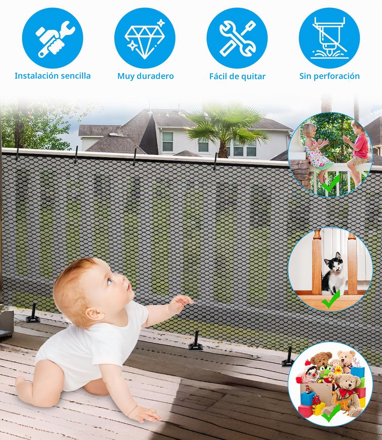 Red de Seguridad Infantil, Red de Seguridad Niños para Escaleras, Barandillas y Vallas, Reds de protección para Balcones robustas y Ajustable para niños, Mascotas y Juguetes, 300 x 90 cm, Negro