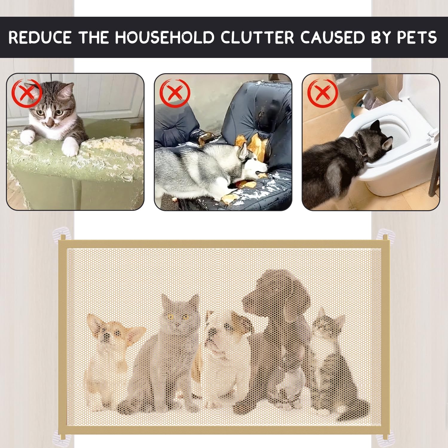 Cancello Cani, Barriera per Cani Cancelletto per Scale per Bambini Senza Trapano per Animali Domestici, Cani e Gatti con 4 Ganci Adesivi, 110 X 72 cm, Beige