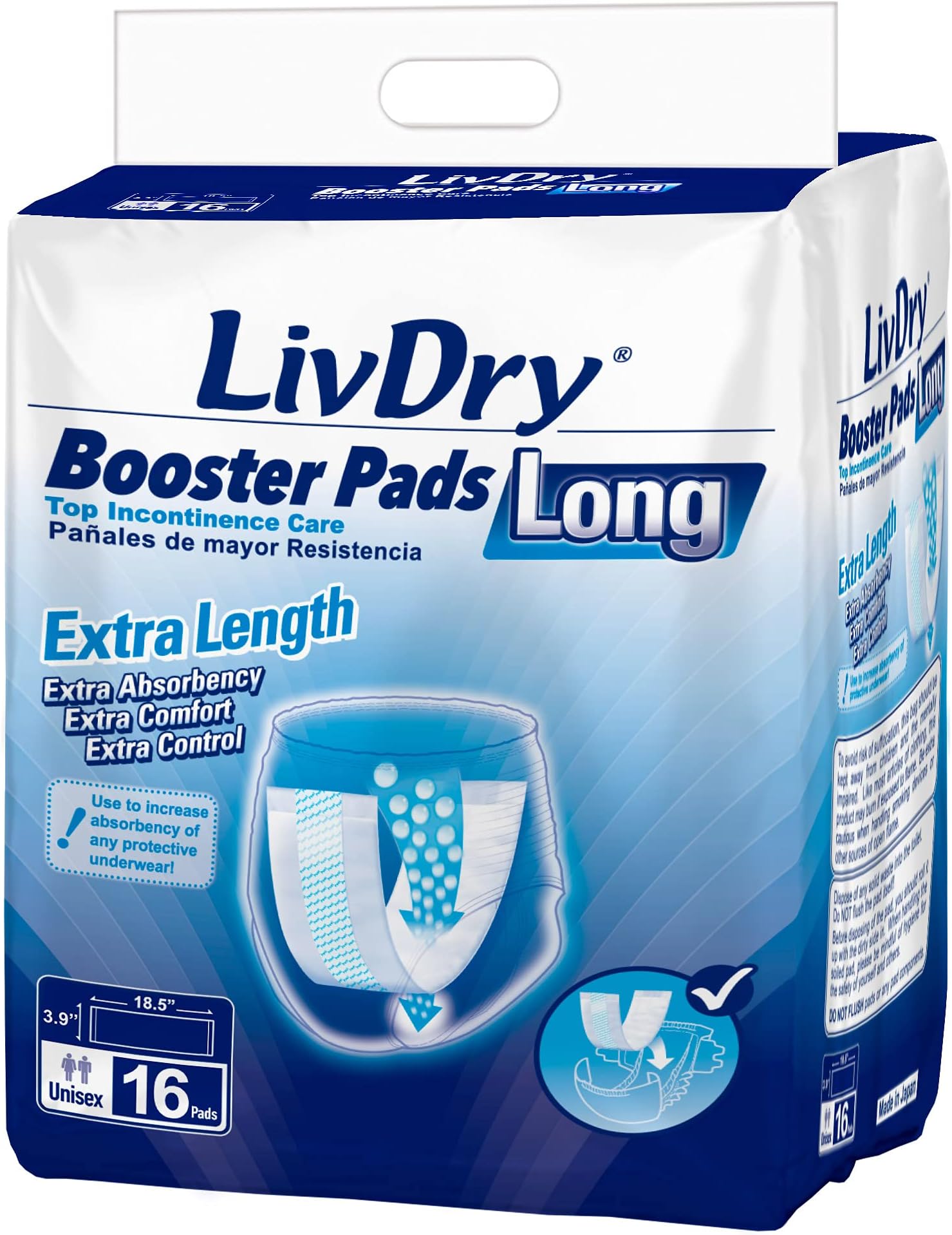 LivDry Incontinence Booster Pads, Use with Adult Diapers for Women and Men, Extra Comfort Softness, Disposable Pad (16 Count, Long Length)