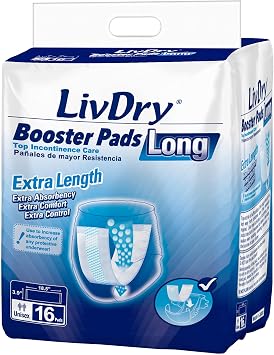 LivDry Incontinence Booster Pads, Use with Adult Diapers for Women and Men, Extra Comfort Softness, Disposable Pad 16 Count, Long Length