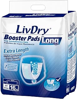 LivDry Incontinence Booster Pads, Use with Adult Diapers for Women and Men, Extra Comfort Softness, Disposable Pad (16 Count, Long Length)