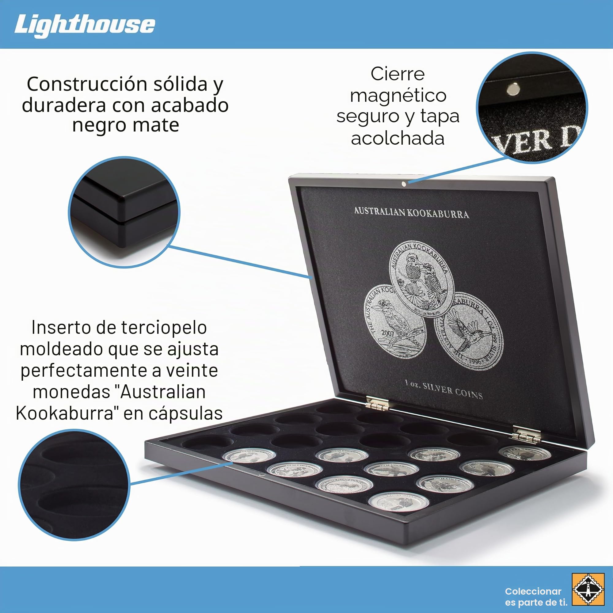 Leuchtturm 346441 Estuche Volterra Uno para 20 Monedas de Plata Australian Kookaburra - 30,5 x 24,5 cm, Satinado, óptico Negro