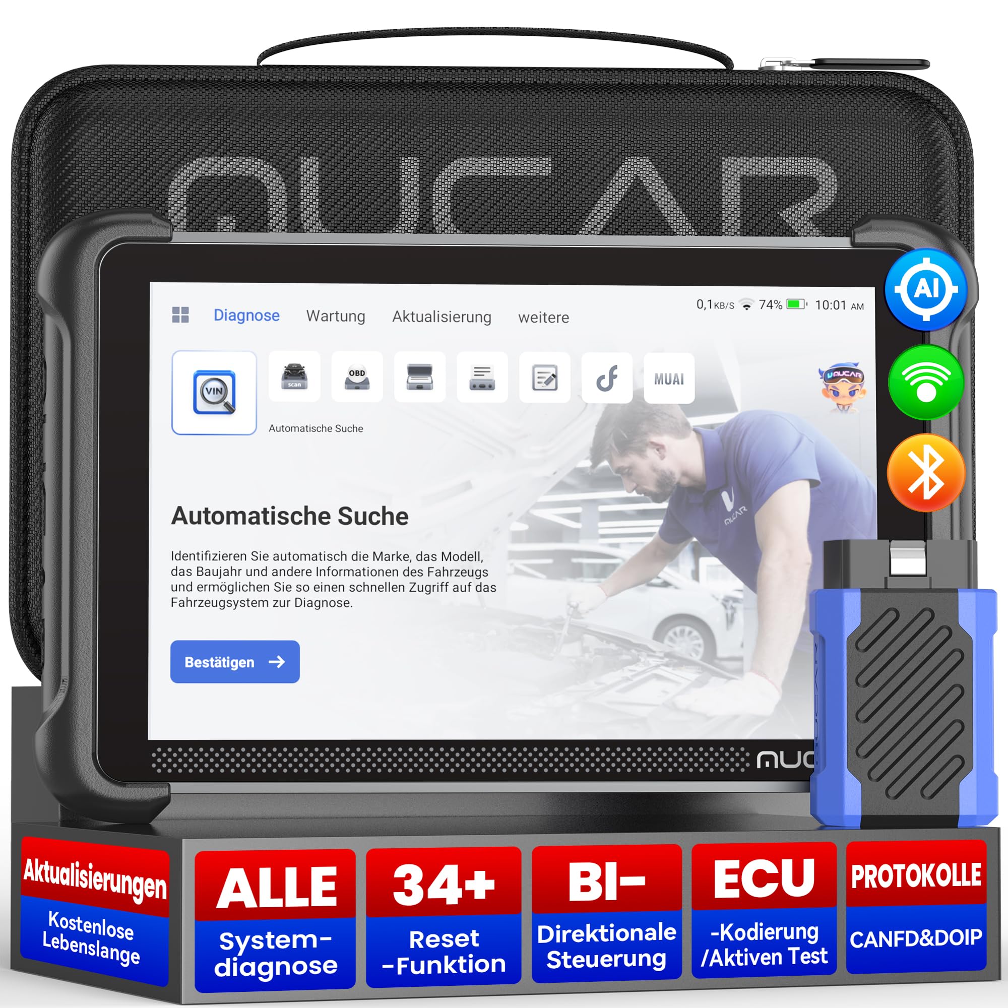 mucar AI-OBD2 Diagnosegeräte, 892BT Diagnosegerät Auto Mit 34 Reset-Funktion Und Volle Systemdiagnose, Auto Diagnosegerät Für ECU-Kodierung/BI Direktionale Steuerung, Kostenlose Lebenslange Updates