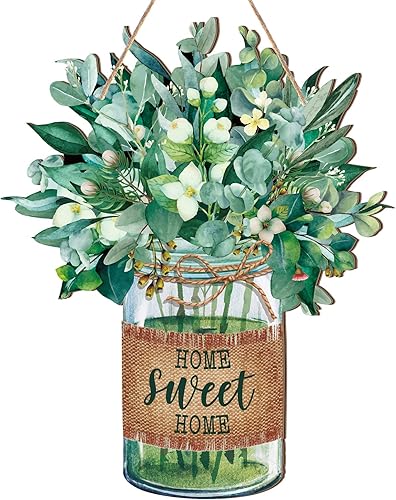 Miniatura 8 de Letrero de madera de bienvenida para puerta delantera, letrero colgante de madera con flores de verano, letrero colgante de madera para exteriores,