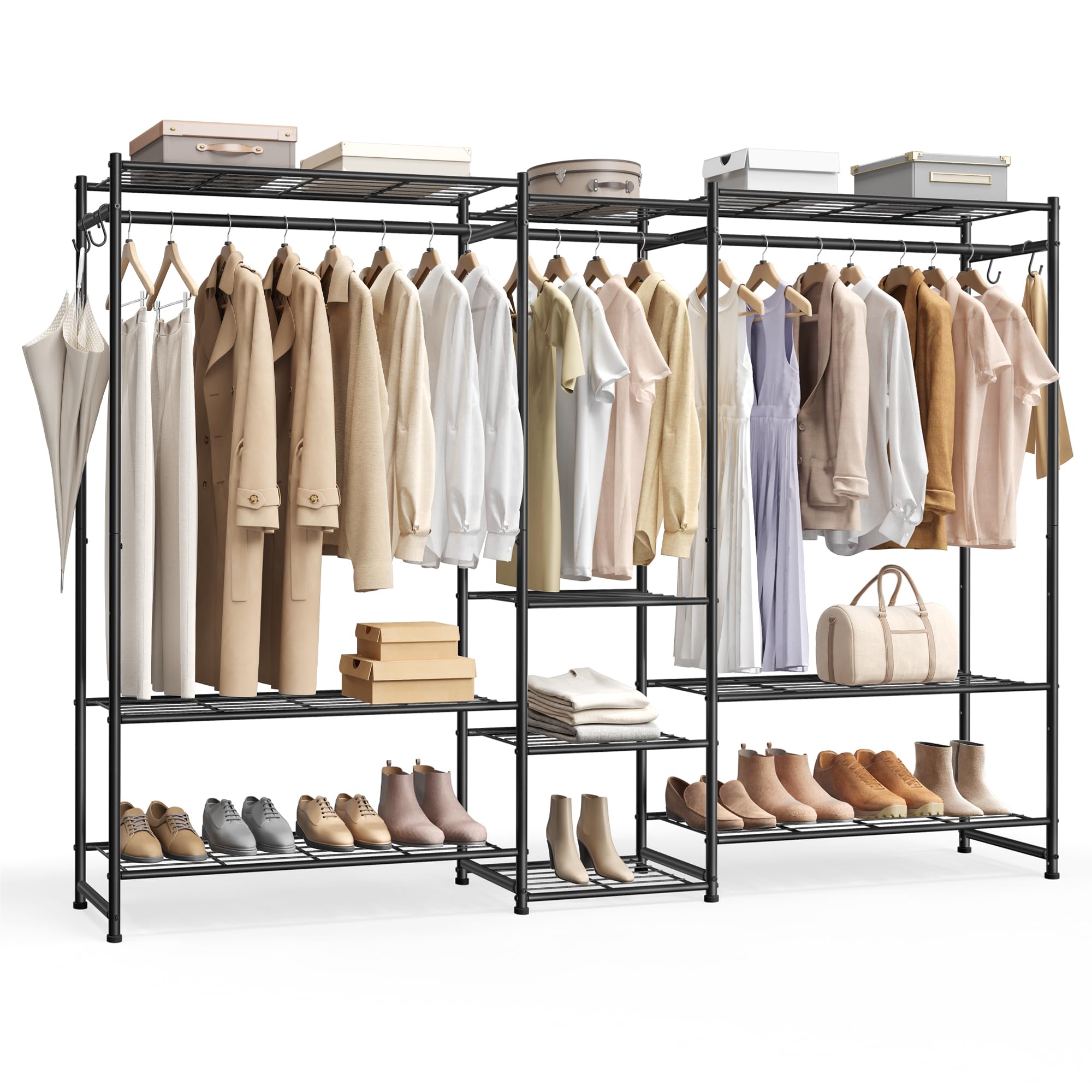 SONGMICS Stand Appendiabiti, Guardaroba Aperto, Armadio con 10 Ripiani, 3 Aste Appendiabiti, 4 Ganci a S, Metallo, per Camera da Letto Soggiorno Ingresso, Nero LGR011BZ01