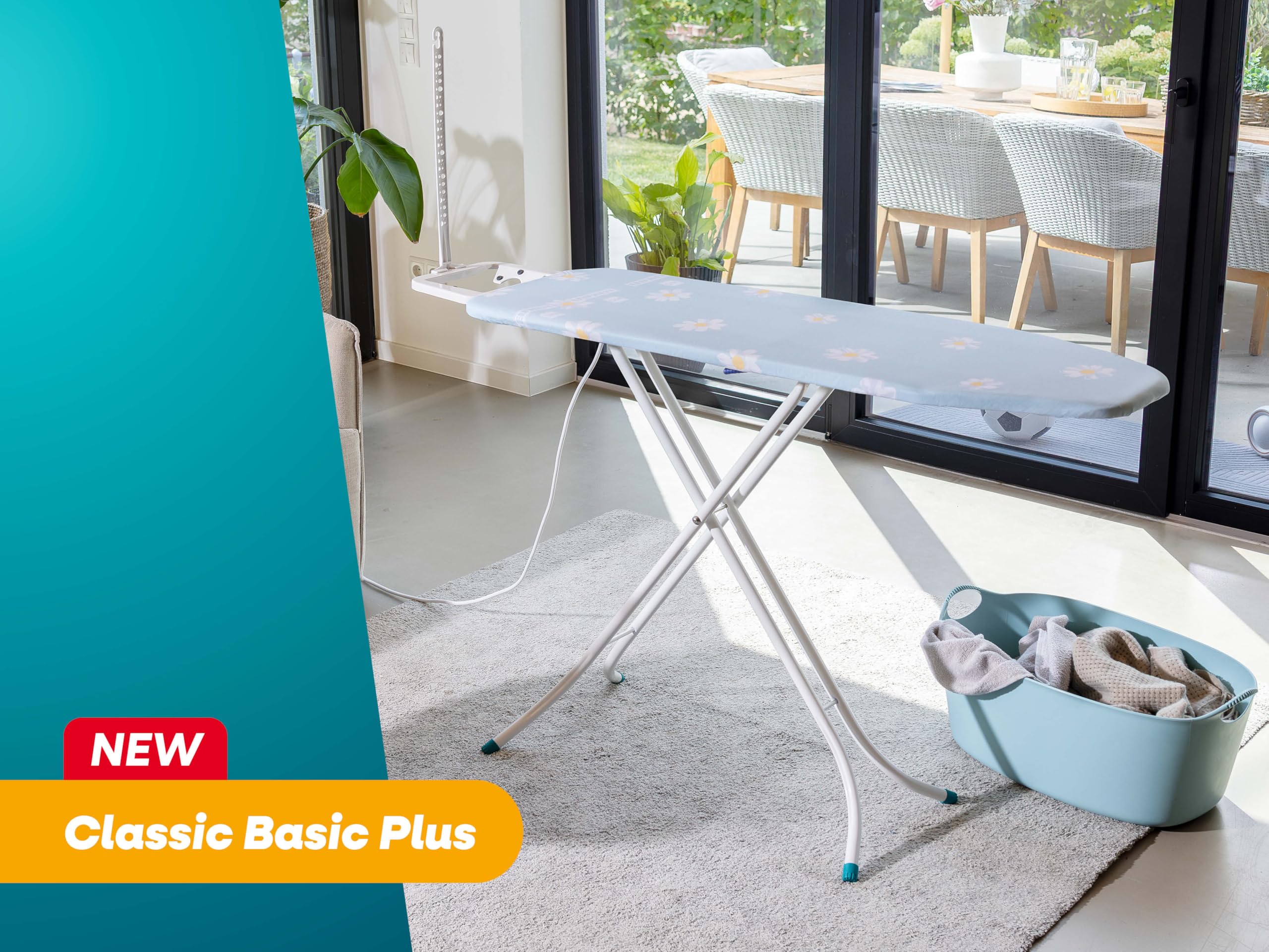 Leifheit Bügelbrett Classic M Basic Plus, Bügeltisch Fläche bis 120 x 38 cm | Bügelfläche aus Streckmetall, höhenverstellbar 69-88 cm, Ablage für Dampfbügeleisen, Kabelhalter, Rostschutz, florales Muster