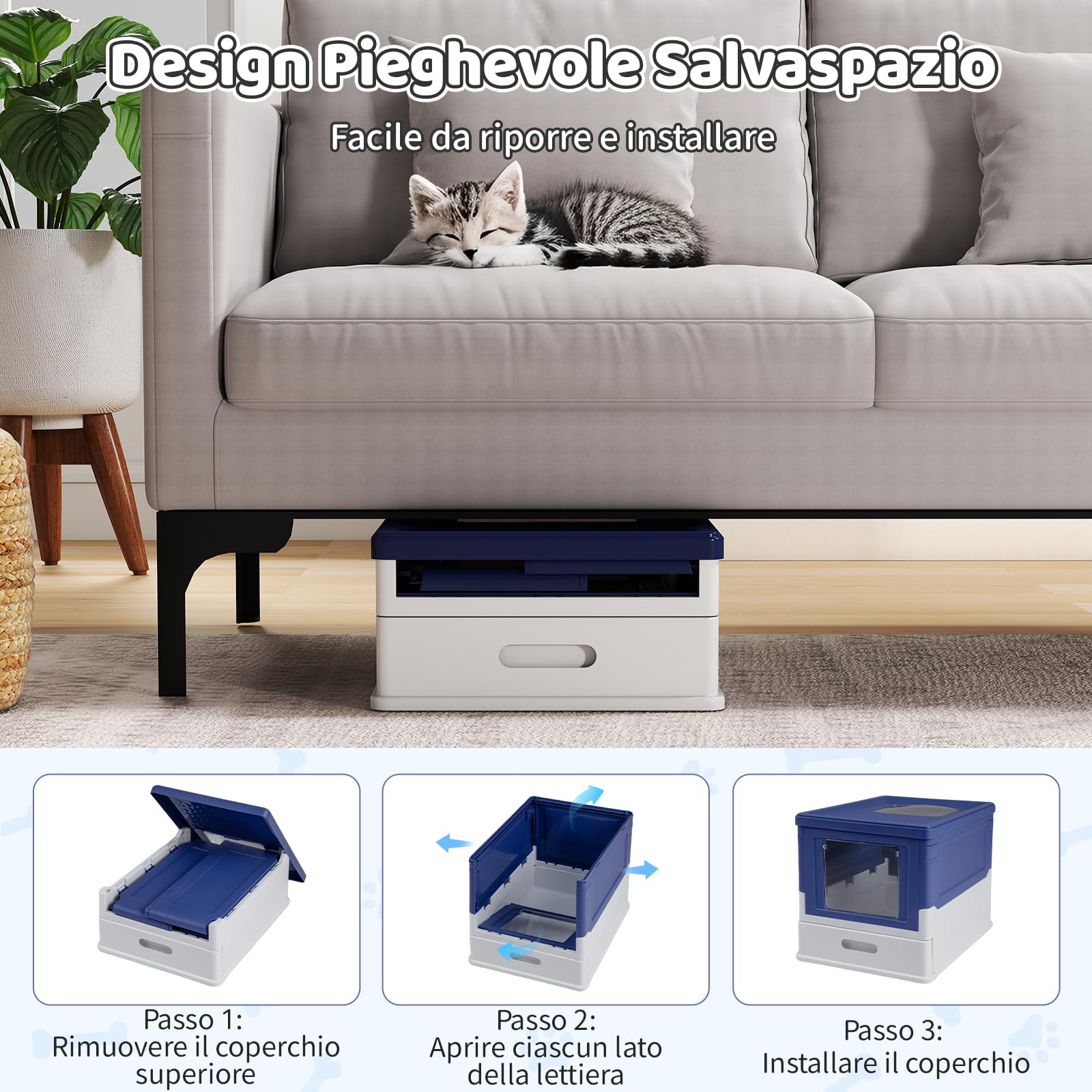 COSTWAY Lettiera per Gatti Pieghevole, Toilette per Gatti Chiusa con Ingresso Frontale e Uscita con Coperchio Ribaltabile, Vaschetta a Cassetto per Gatti Piccoli e Medi sotto 10 kg (Blu)