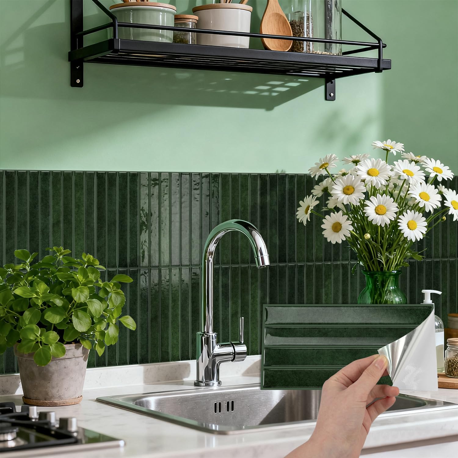 VICCI 20-Sheet Peel and Stick Backsplash, Fresh Green 3D Textured Subway Tile Stickers 4.72x9.68 Inch, Waterproof