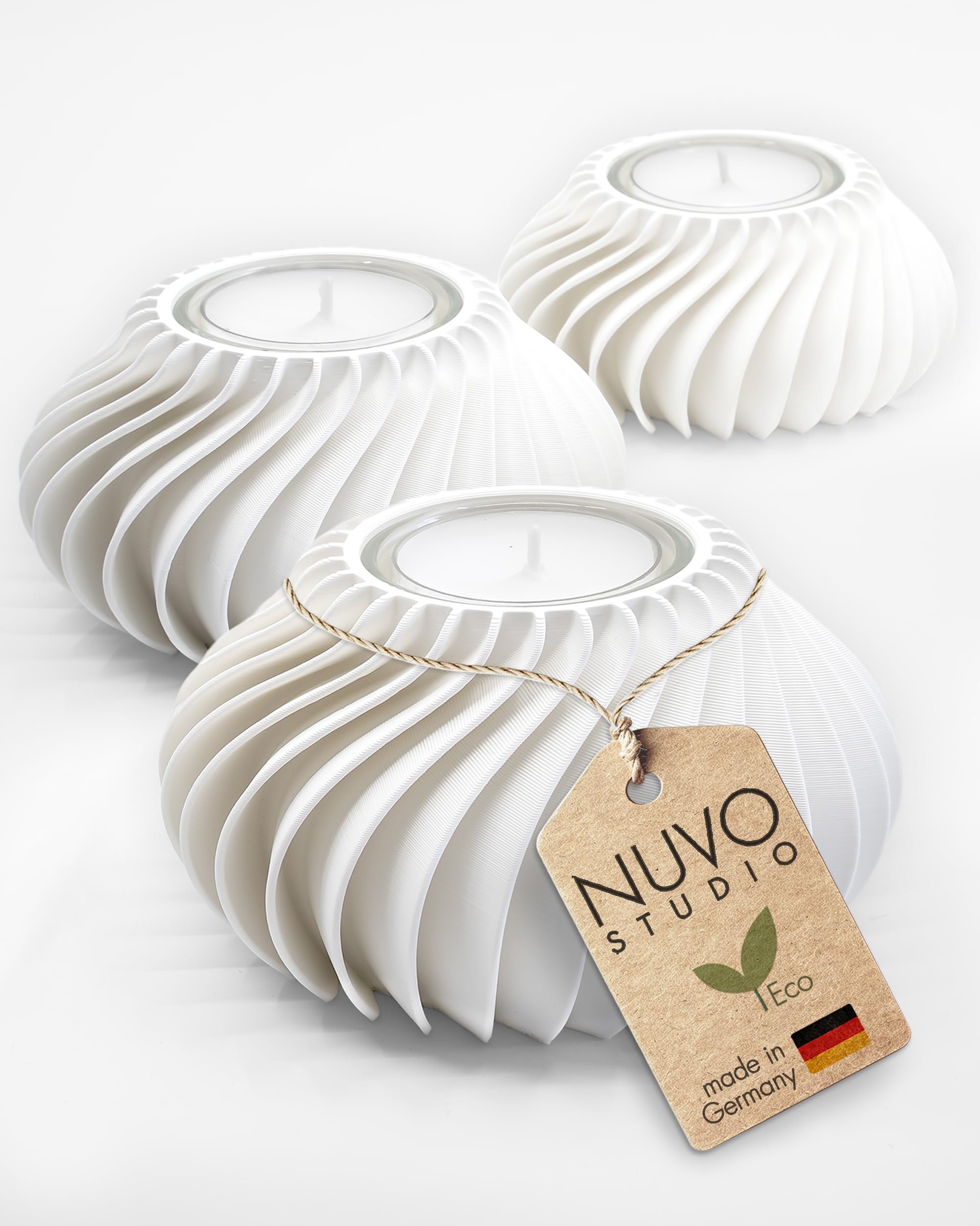 Teelichthalter 3er-Set „Ventura“ – Modern skandinavisches Design für Teelichter & Deko – Nachhaltig & 3D-gedruckt in Deutschland – Perfekte Geschenkidee (Soft White S+M+L)
