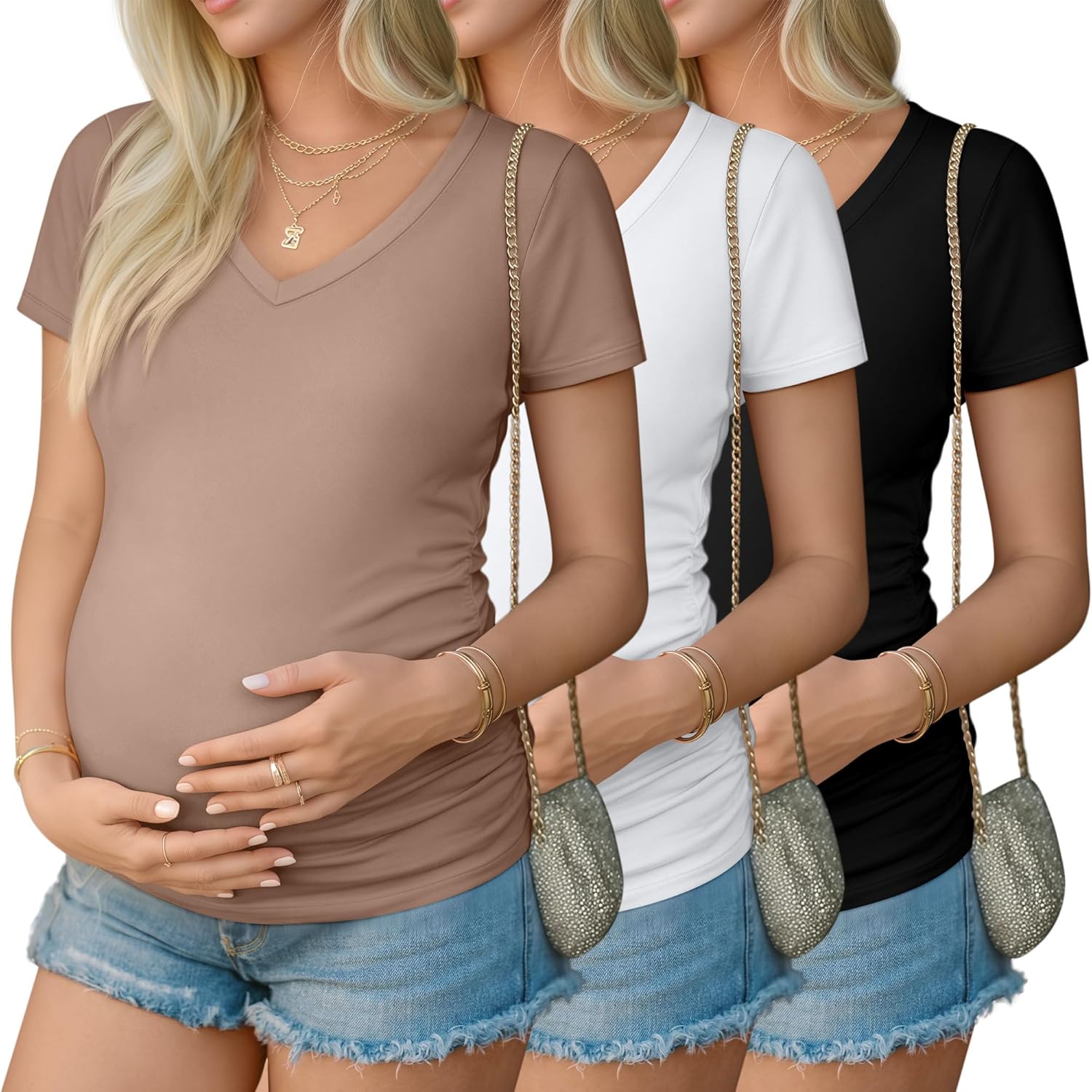 Ficerd 3 Pack Maternity Shirts for Women Cotton Blend Maternity Tops V Neck Side Ruched Pregnancy Short Sleeve Tunic Tees