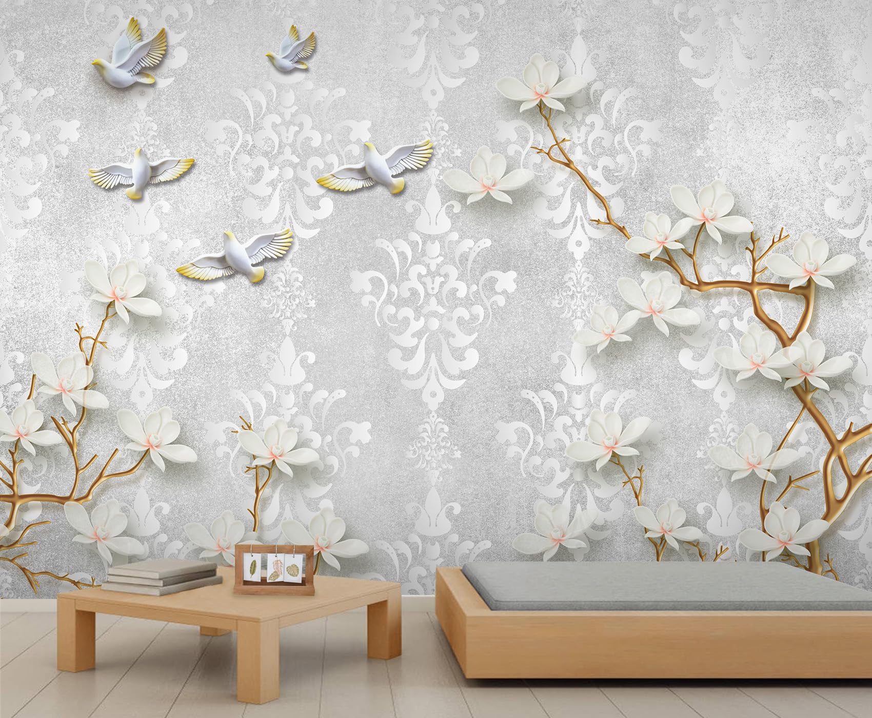 Papier peint 3D fleurs et oiseaux rétro non adhésif grand format 450x305 cm