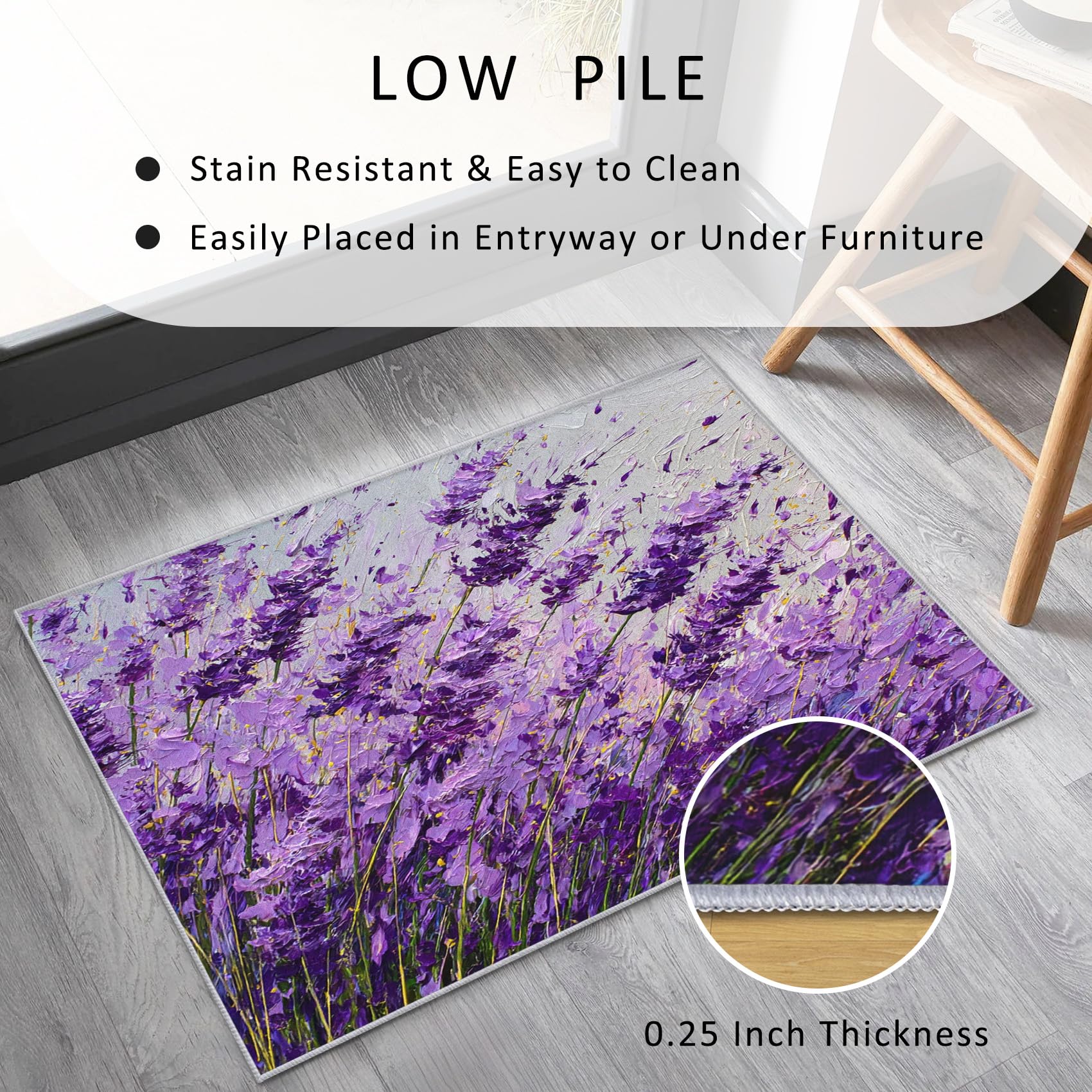 Générique Tapis Lavande, Tapis Salon Motif Floral Violet 140x200 cm, Pile Courte, Antidérapant, pour Carpette Chambre, Descente de Lit, Lavable Interieur, Decoration Maison A(1071)