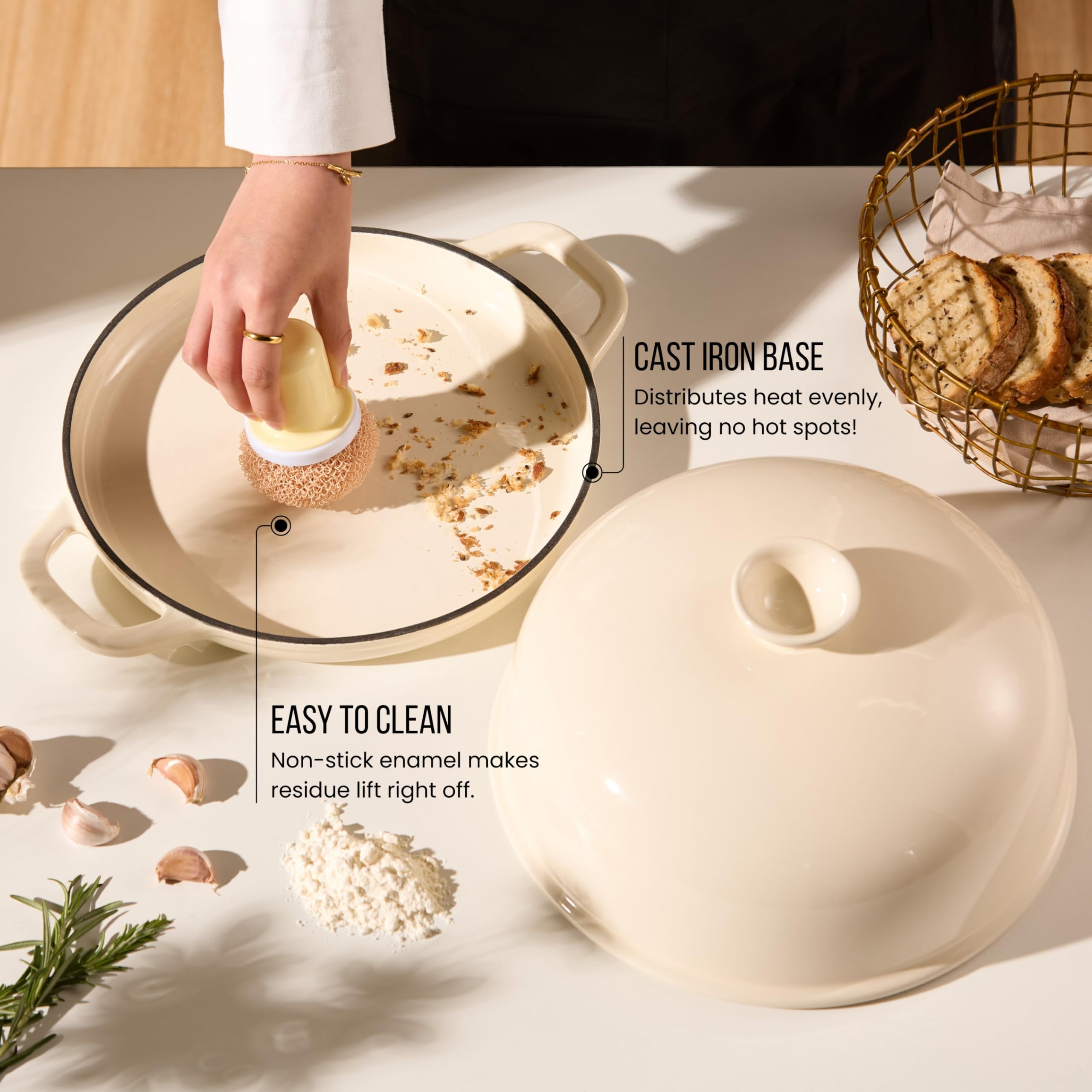 Kook Piekarnik do chleba, z pokrywką i uchwytami, emaliowana patelnia żeliwna i ceramiczna pokrywa, do pieczenia, gotowania, pieczenia i nie tylko, kość słoniowa