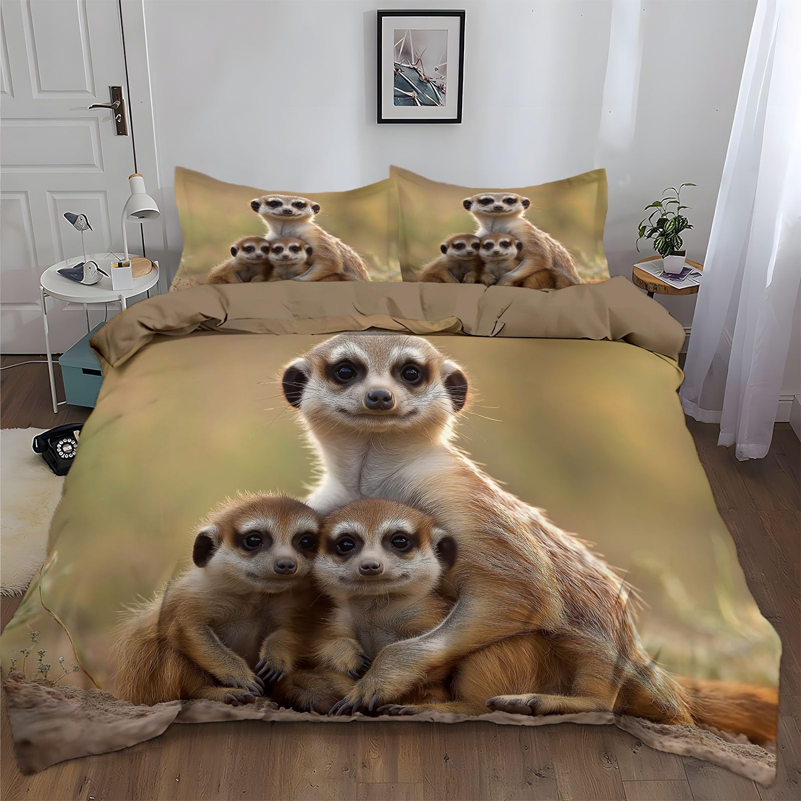 3D Duvet Cover Queen Size for Kids Teen Animal Mongoose Bedding Sets with 2 Pillowcase, Print Comforter Cover Teen Boys Girls Bedroom Decor Bed Cover 3 Piece