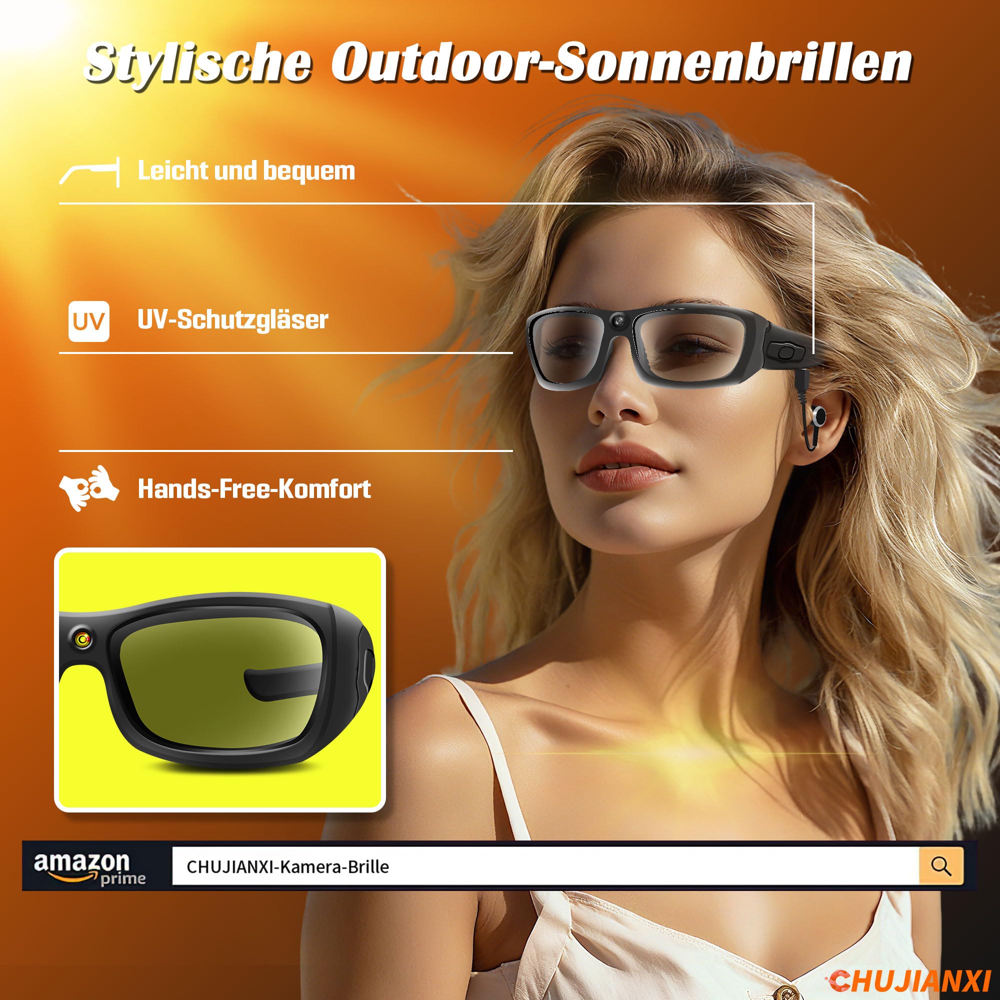 Mini Kamera,Brille mit Kamera Bluetooth,Videobrille 1080P mit Kopfhörer,Sonnenbrille Videobrille mit Polarisierten UV400-Gläsern,Tragbare Brille Camera für Outdoor-Sportarten,Radfahr