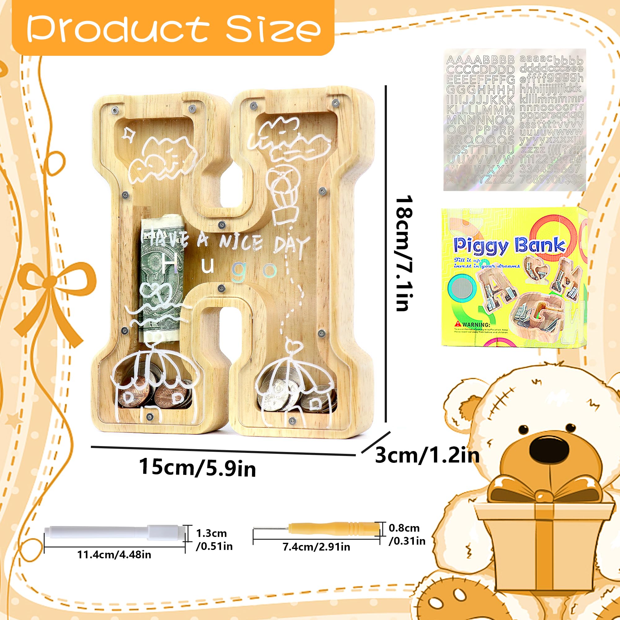 Mikytoper Money Box for Kids Wooden Letter Piggy Banks for Kids Personalized Money Box Clear Money Bank - Image 2