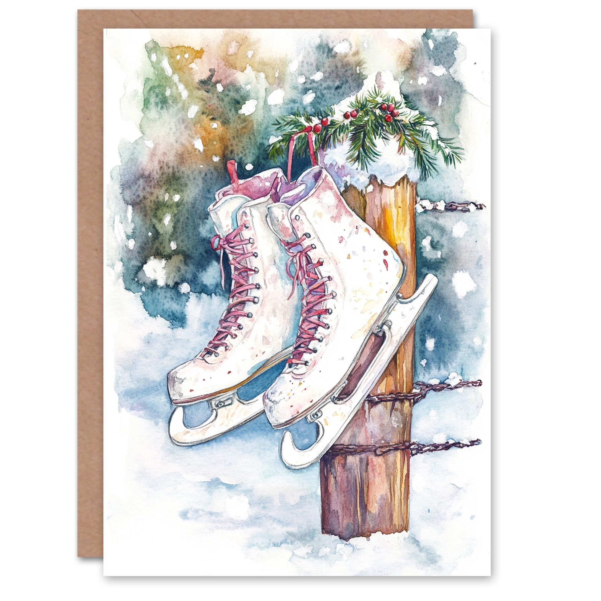 Artery8 Hanging Ice Skates Winter Snow Blank For Him Or Her Art Xmas Festive Christmas Card