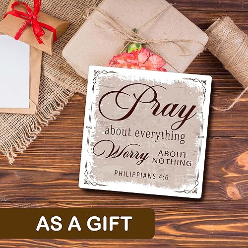 Miniatura 5 de Letrero de madera con texto en inglés "Pray About Everything Worry About Nothing", letrero de madera con versículos bíblicos cristianos, decoración