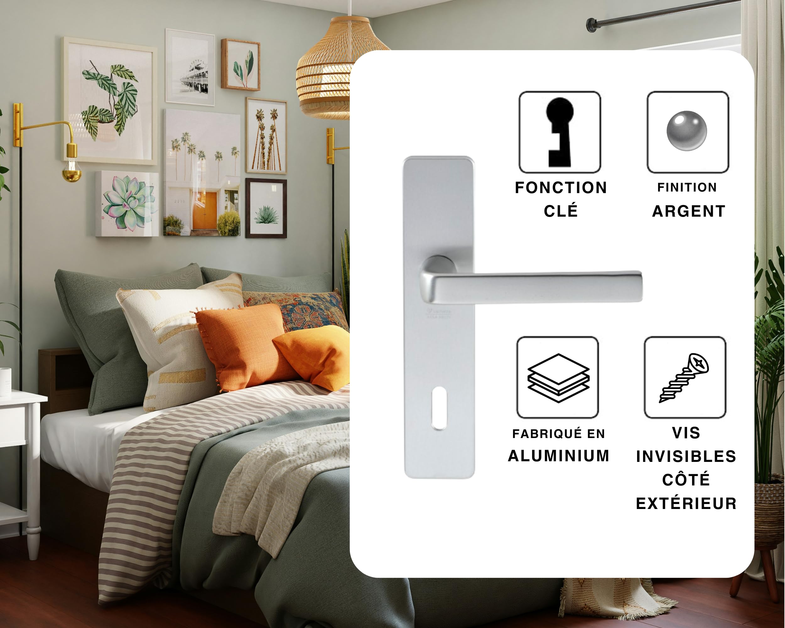 Vachette Set de Poignée de Porte sur Plaque KAZA - Version Clé L pour Porte de Chambre et de Bureau - Entraxe 165 mm - Matériau Aluminium Résistant - Garantie 10 Ans - Finition Argent