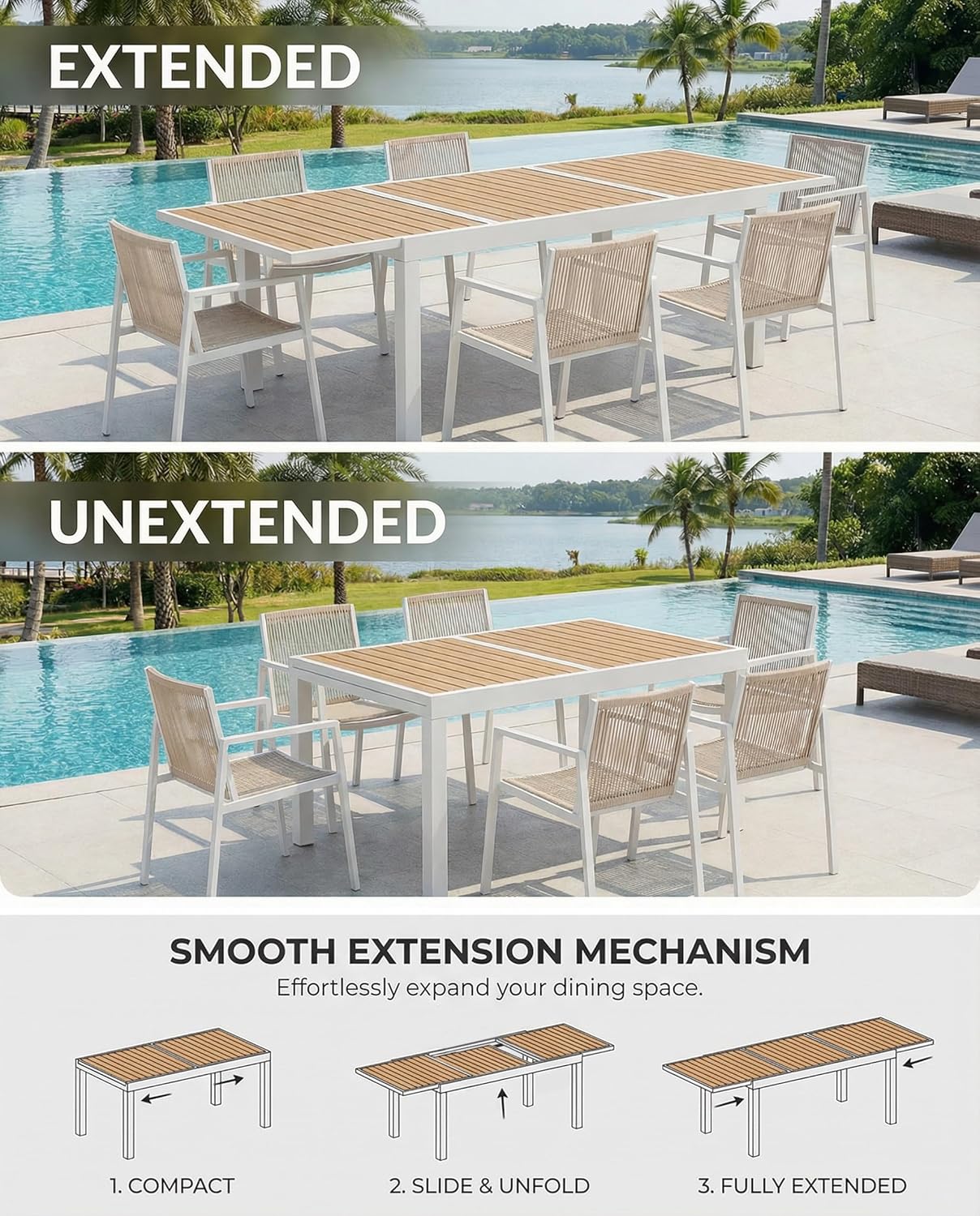 ZANDOR Expandable Outdoor Dining Set for 4-6-8,Patio Table and Chairs Set with Wood Top for Garden,Backyard,Porch,55"-82.7" Extendable Aluminum Outdoor Table Set with 6 Chairs,White