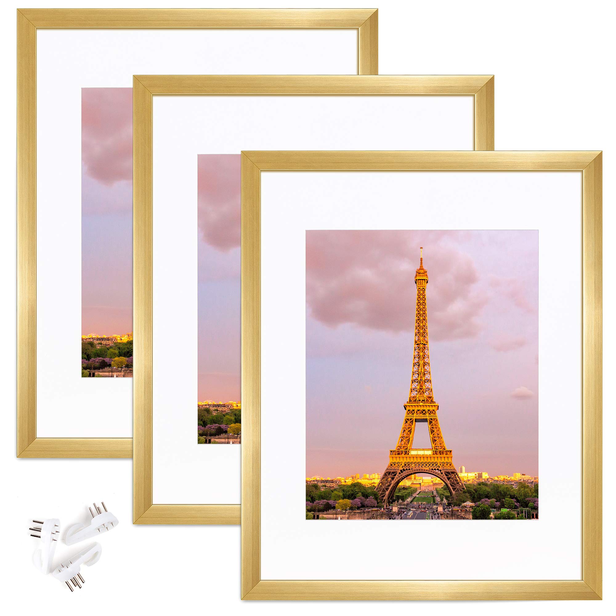 upsimples 11x14 Picture Frame Set of 3,Made of High Definition Glass for 8x10 with Mat or 11x14 Without Mat,Wall Mounting Photo Frame Gold