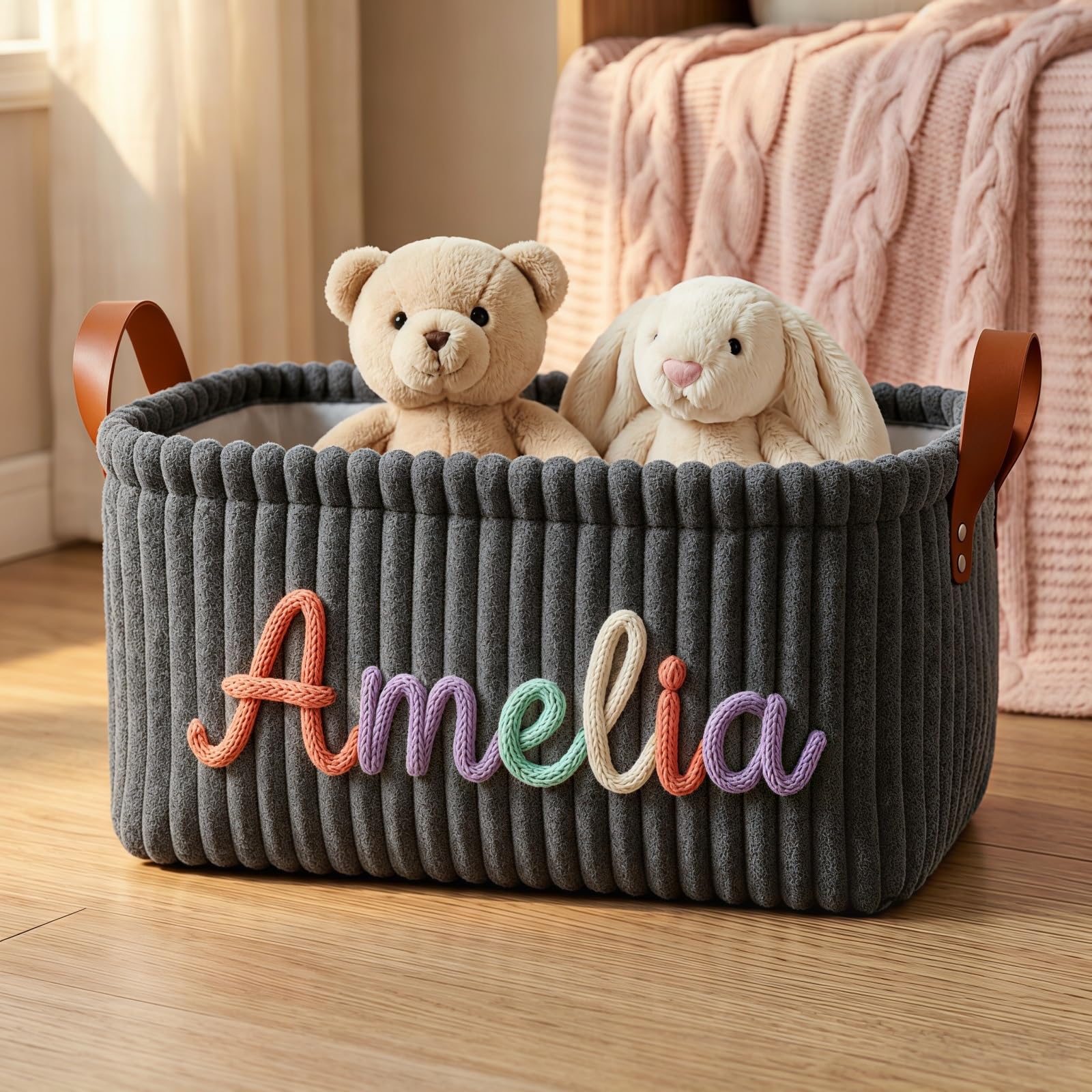 Personalized Baby Gift Basket With Custom Name, Corduroy Diaper Storage Bin, Nursery Organizer Box, Keepsake Gift For Newborn Boy & Girl, New Mom(Dark Gray)