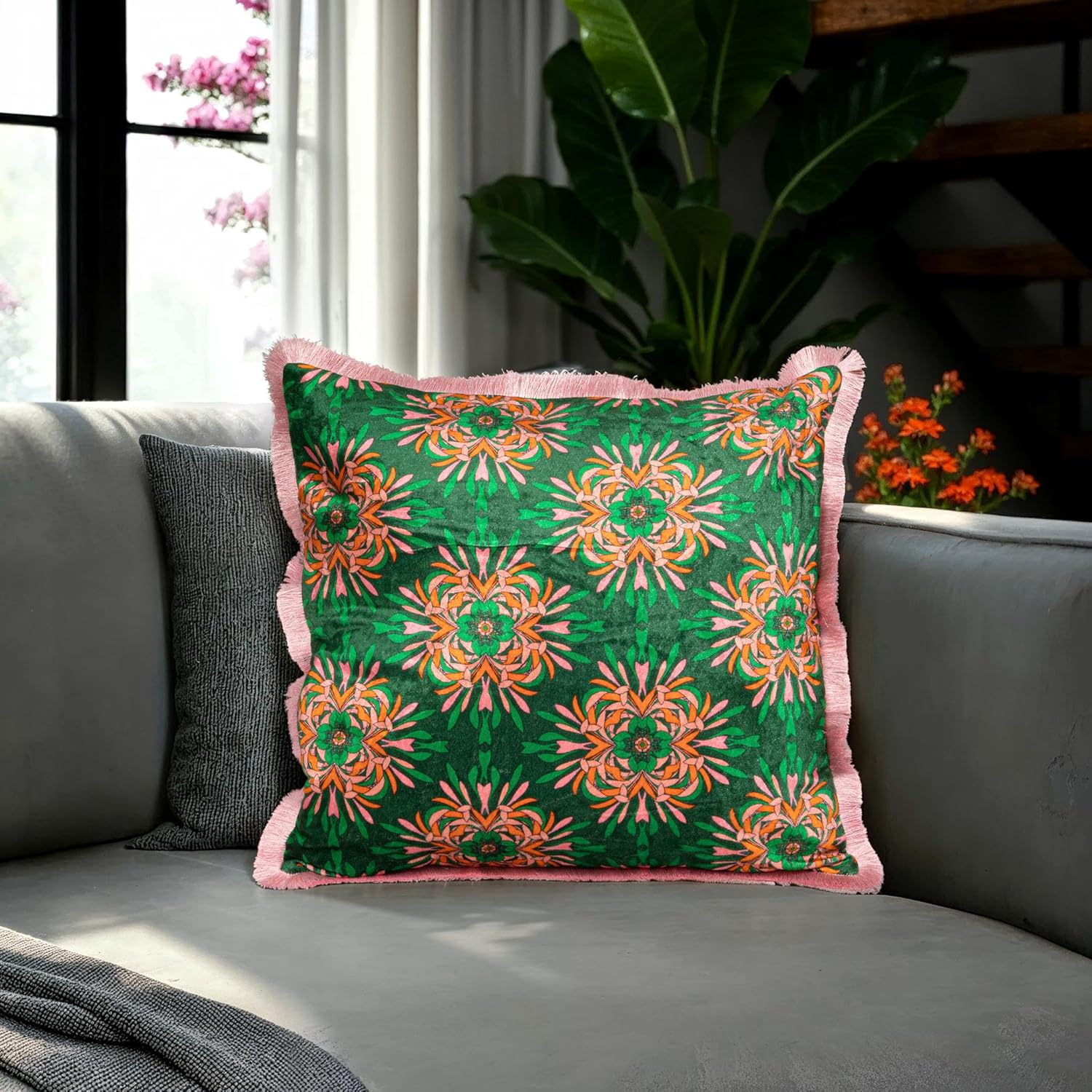 Creative Co-Op, Green, Cotton Blend Velvet Printed Pillow with Floral Pattern and Eyelash Fringe, Pink and Orange Color, Square