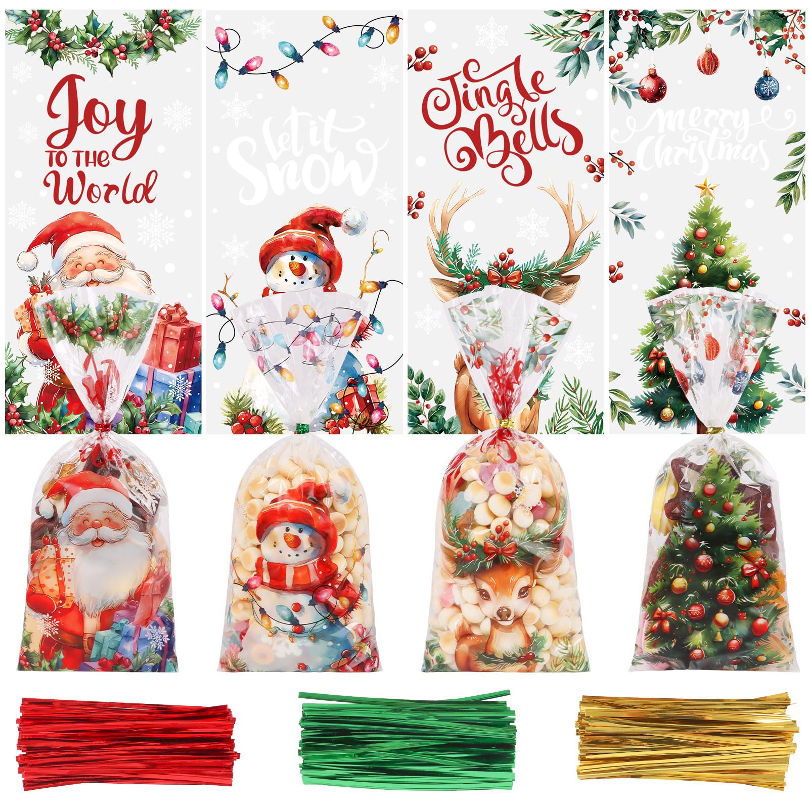 CCINEE 200PCS Christmas Cellophane Treat Bags, Xmas Clear Cello Gift Bags Candy Goodies Bags with Twsit for Christmas Holiday Party Favors