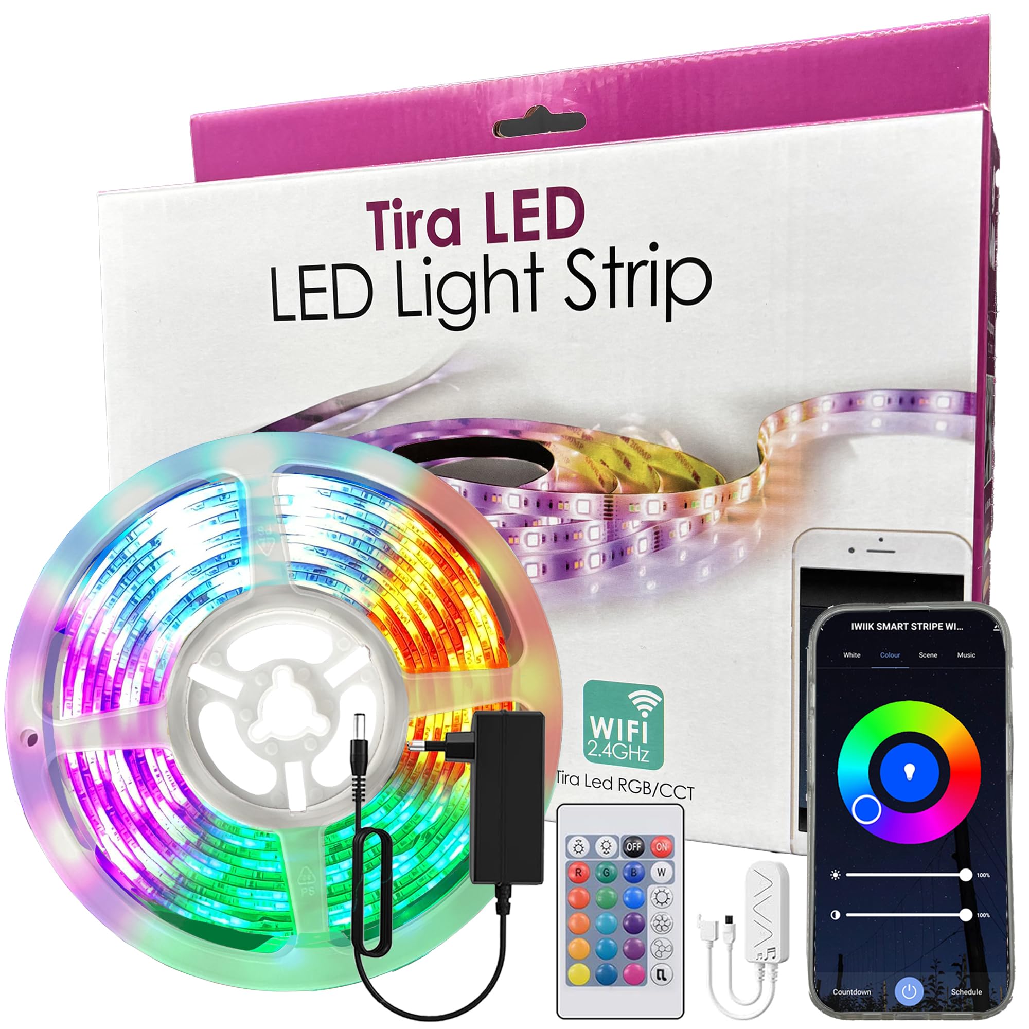 Striscia LED intelligente WiFi Smart 24W 5m Regolabile IP65, luci RGBW 2700-6500 K, illuminazione decorativa, Regolabile e multicolore, App TUYA, compatibile con Alexa e Google Assistant