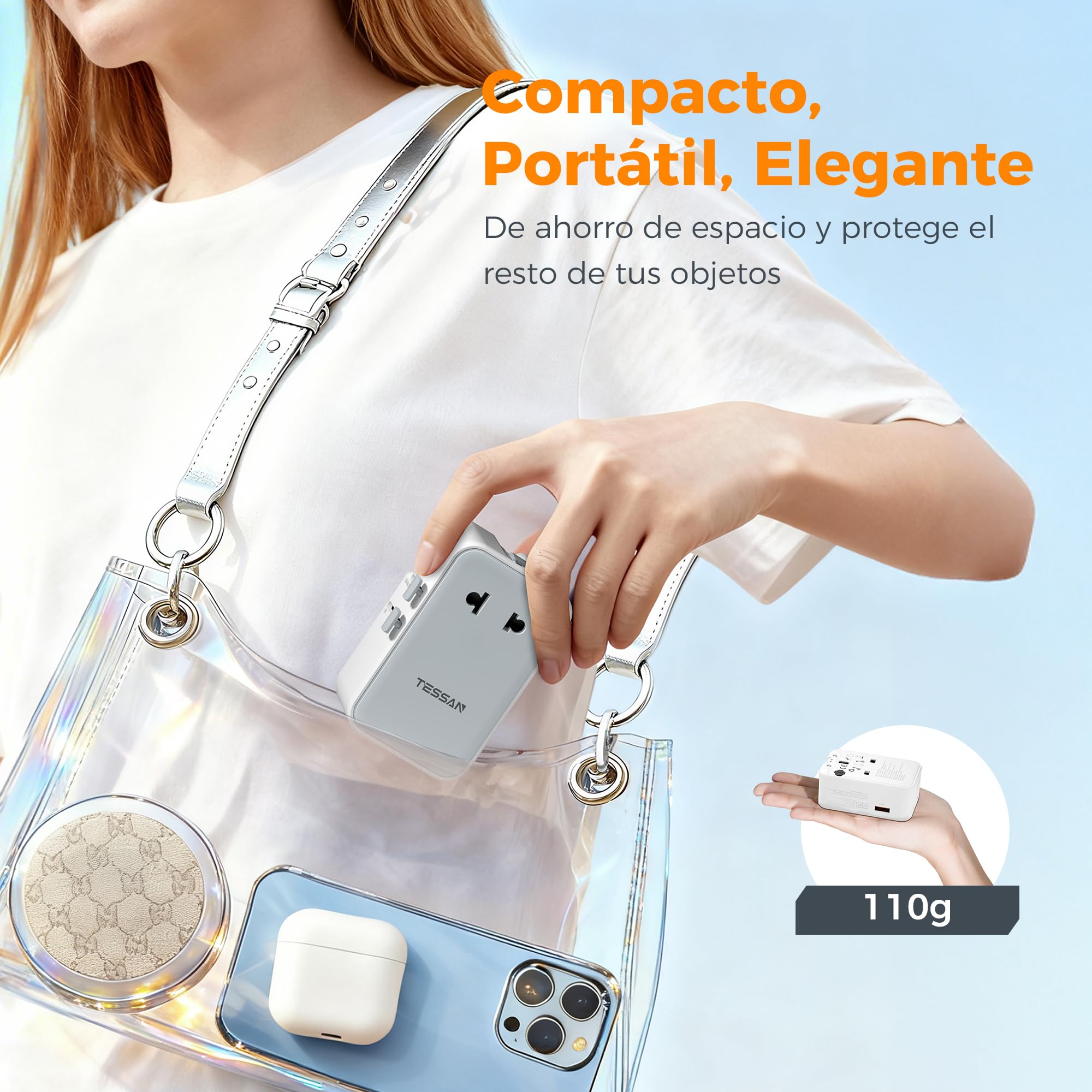 TESSAN Adaptador Enchufe Universal PD 20W, Adaptador Universal Enchufe Viaje con 2 USB C y 2 USB A, Travel Adapter para Uso en Europeo, UK, Americano, Japón, Australia, Canadá, México y China, Gray