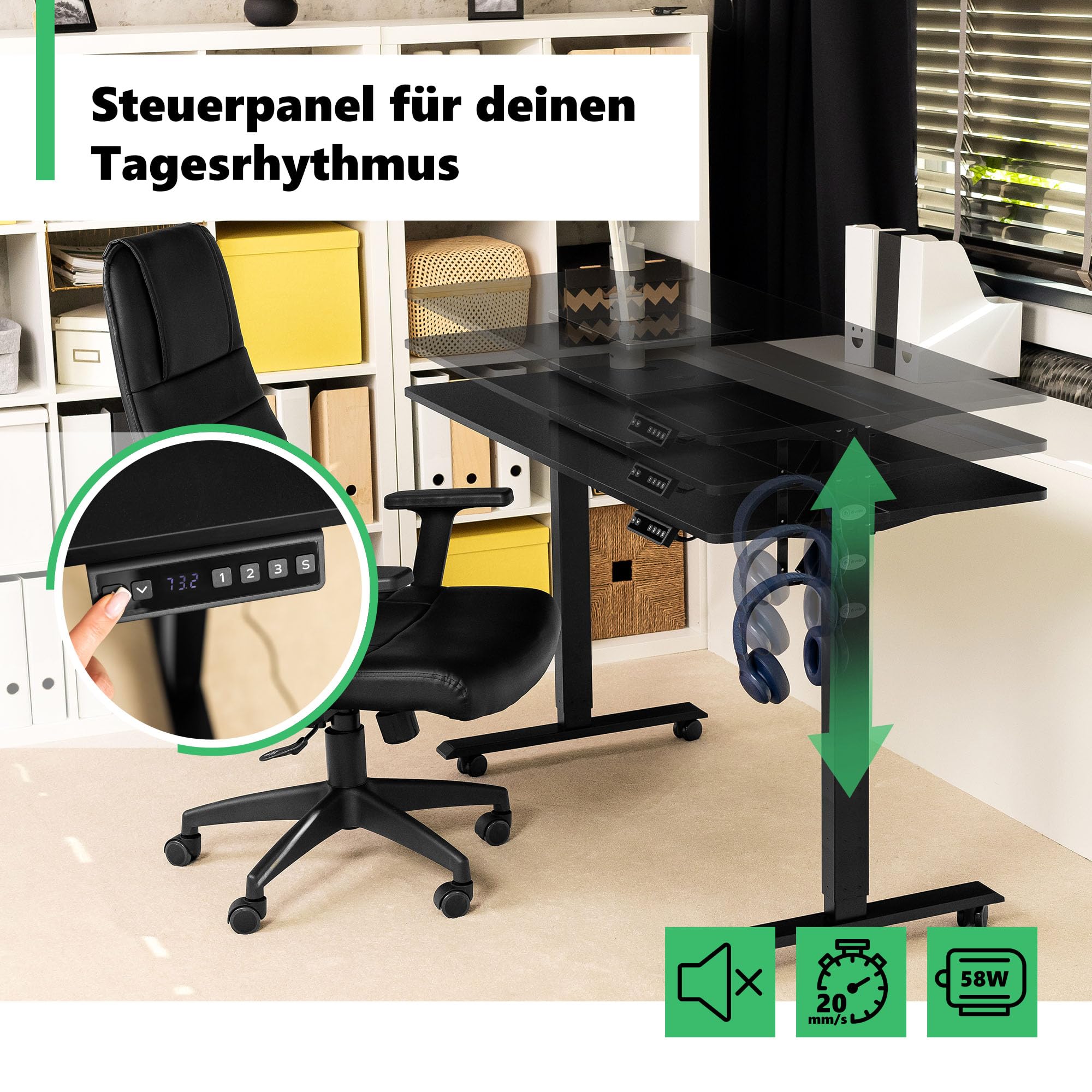 di volio Elektrischer Schreibtisch Höhenverstellbar Schwarz 120x60 cm Amone | Memory-Funktion, Sitz-Steh-Arbeitsplatz, Ergonomischer Bürotisch, Computertisch, Homeoffice, Stabile Konstruktion
