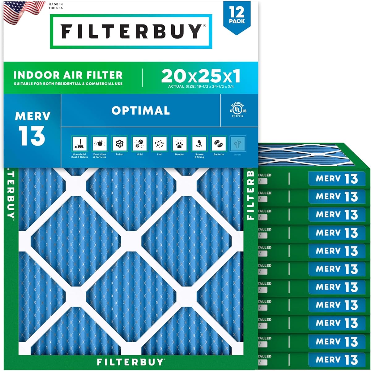 Filterbuy 20x25x1 Air Filter MERV 13 Optimal Smoke & Allergy Defense (12-Pack), Electrostatic Pleated HVAC AC Furnace Filters Replacement, Made in USA (Actual Size: 19.50 x 24.50 x 0.75)