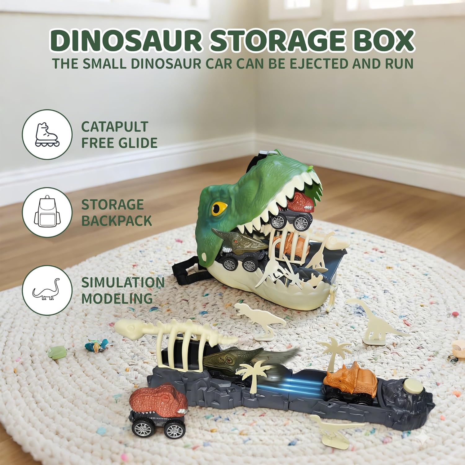Dinosaur Launch Tracks Toys with Rolling Wheels & Storage Box & Shoulder Bag, 3-in-1 Toy Set for Kids 3+, Cool Dinosaur Car Playset for Toddler Boys & Girls' Festival Gift (Tyrannosaurus rex)
