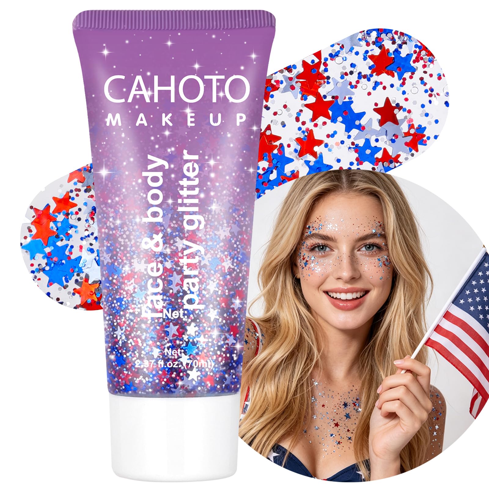 Photo 1 of CAHOTO Flag Star Glitter Gel, Red White Blue Star for Face Body Hair, Patriotic Pride USA Flag Sparkling Sequins for Independence Day 4th of July Memorial Day Semiquincentennial 250 Anniversary, 70ml