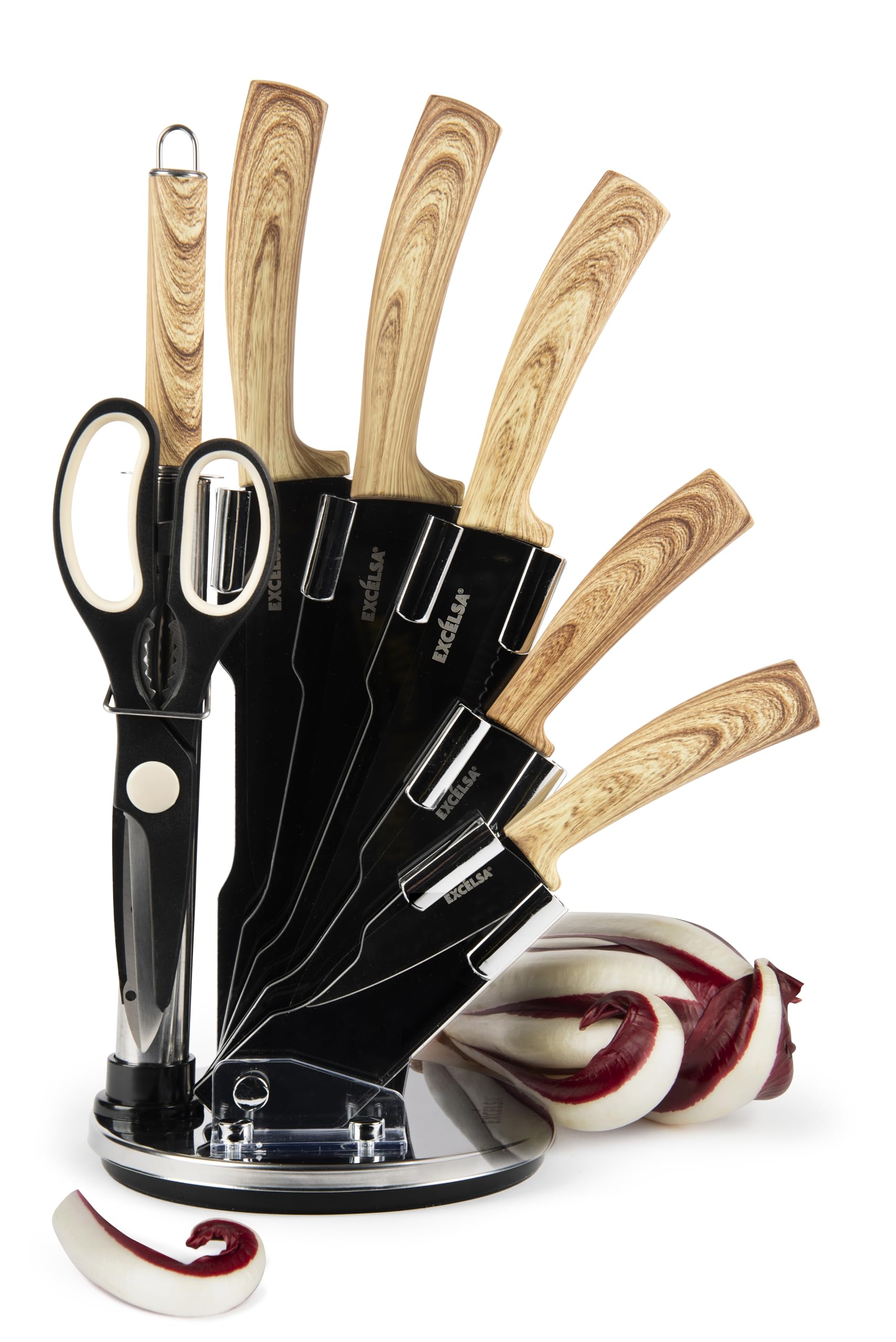 Set Coltelli Da Cucina Excelsa 8 Pezzi Con Ceppo - Lama Nera INOX, Manico Legno, Affilatore Incluso - Foto 7