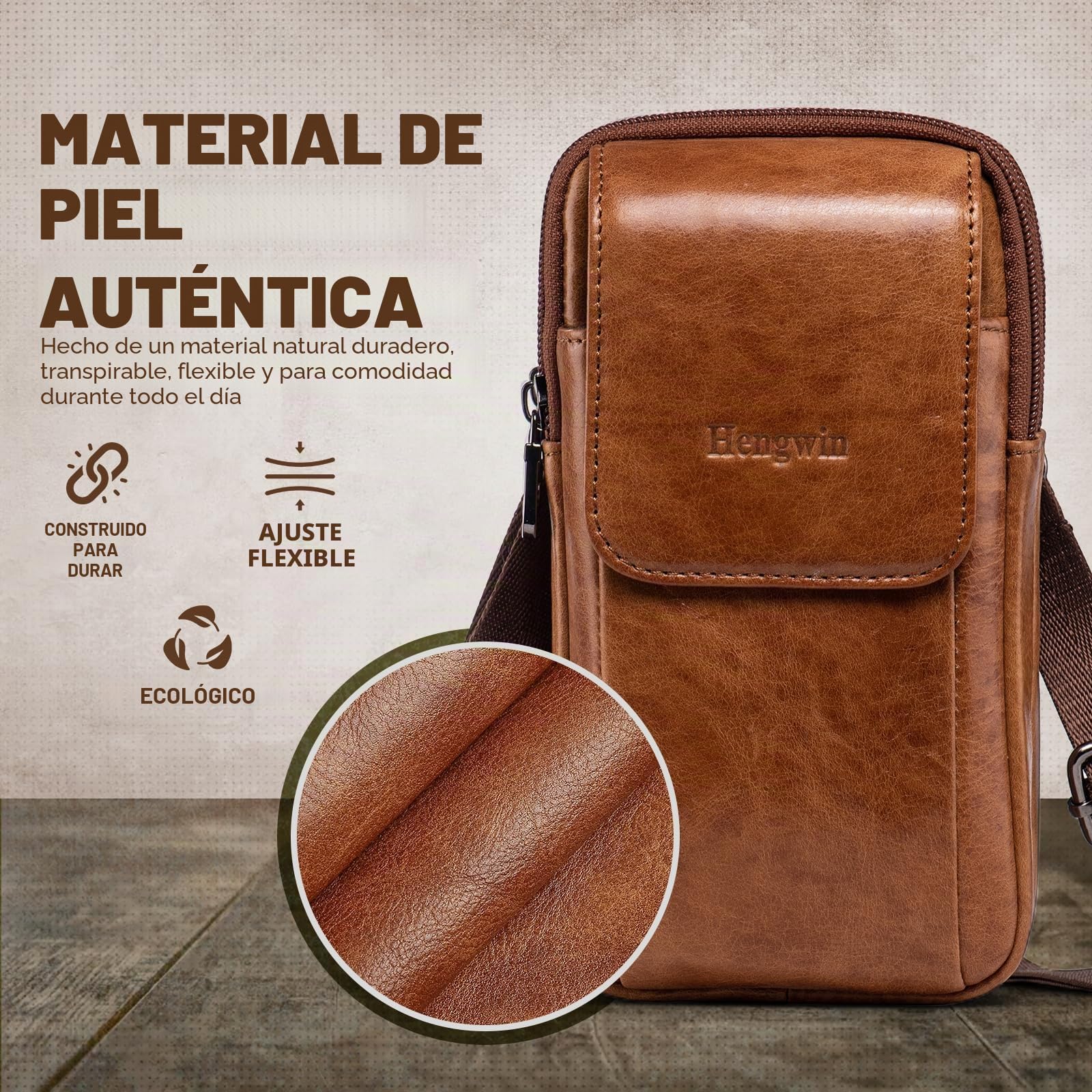 Multifuncional Cuero Genuino Doble Cremallera Bolsillos Hombres Vintage Look Bolso Bolso de Hombro teléfono cinturón Bolsa teléfono Funda para Viajes Actividades al Aire Libre